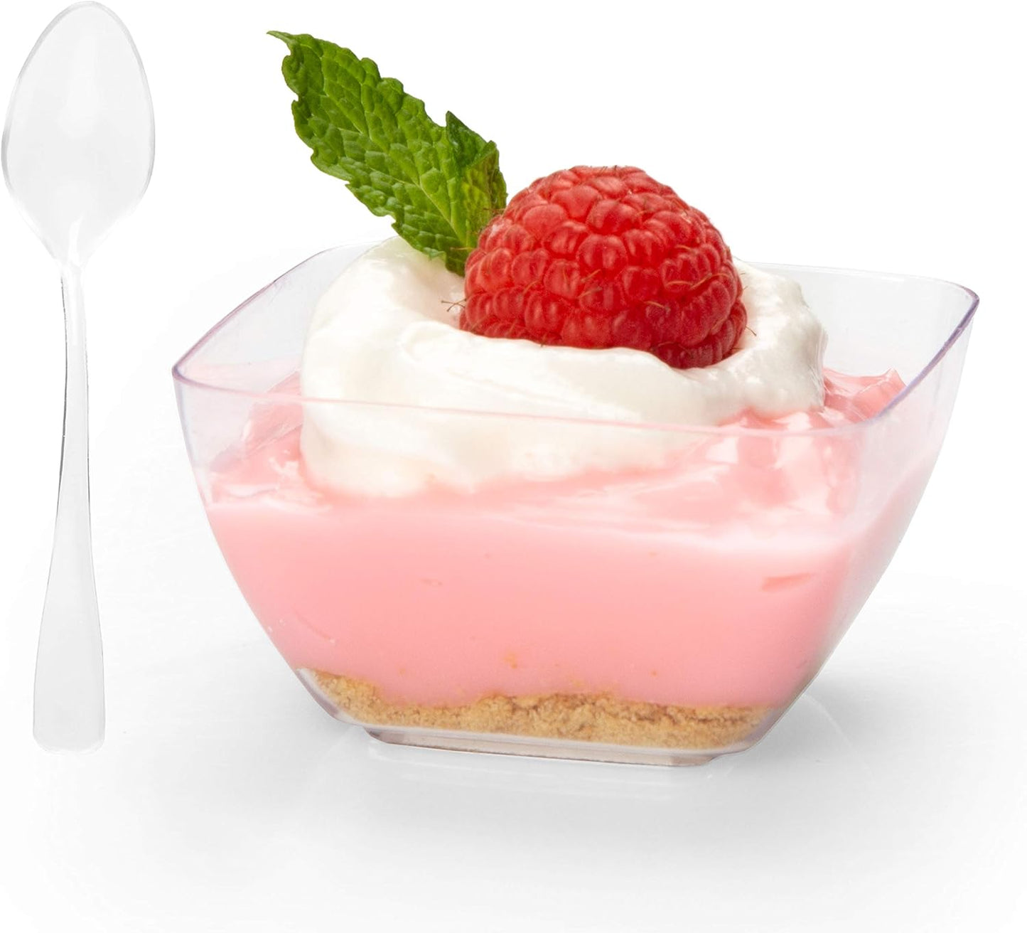 Ilyapa 5oz Plastic Dessert Cups - 100 Pack Mini Dessert Cups with Spoons - Clear Reusable Small Appetizer Cup for Cheesecake Shooters, Chocolate Mousse, Parfait - Party and Catering Supplies - Square