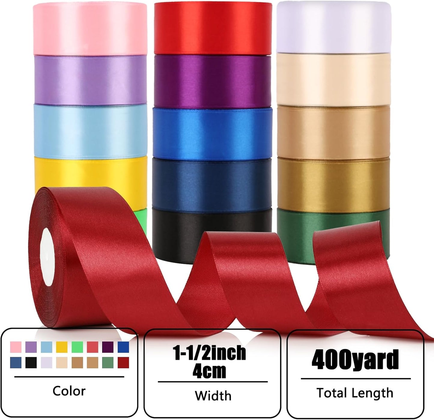 NESCCI 16 Colors 400 Yards Ribbon,1-1/2 Inch Satin Ribbon,Single Face Satin Ribbons, Perfect for Gift Wrapping, Wedding Decoration,Handmade Bows,Wrapping Bouquet, Halloween, Christmas