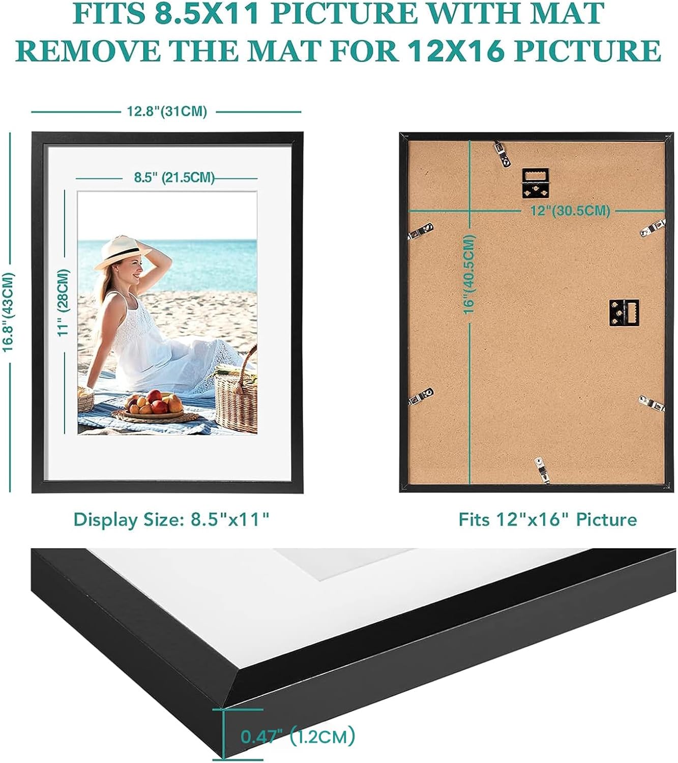TWING 12 x 16 Picture Frames Set of 6, Display Pictures 8.5x11 with Mat or 12x16 Without Mat, Large Photo Gallery Wall Frame Set Wall Mounting Black Composite Wood