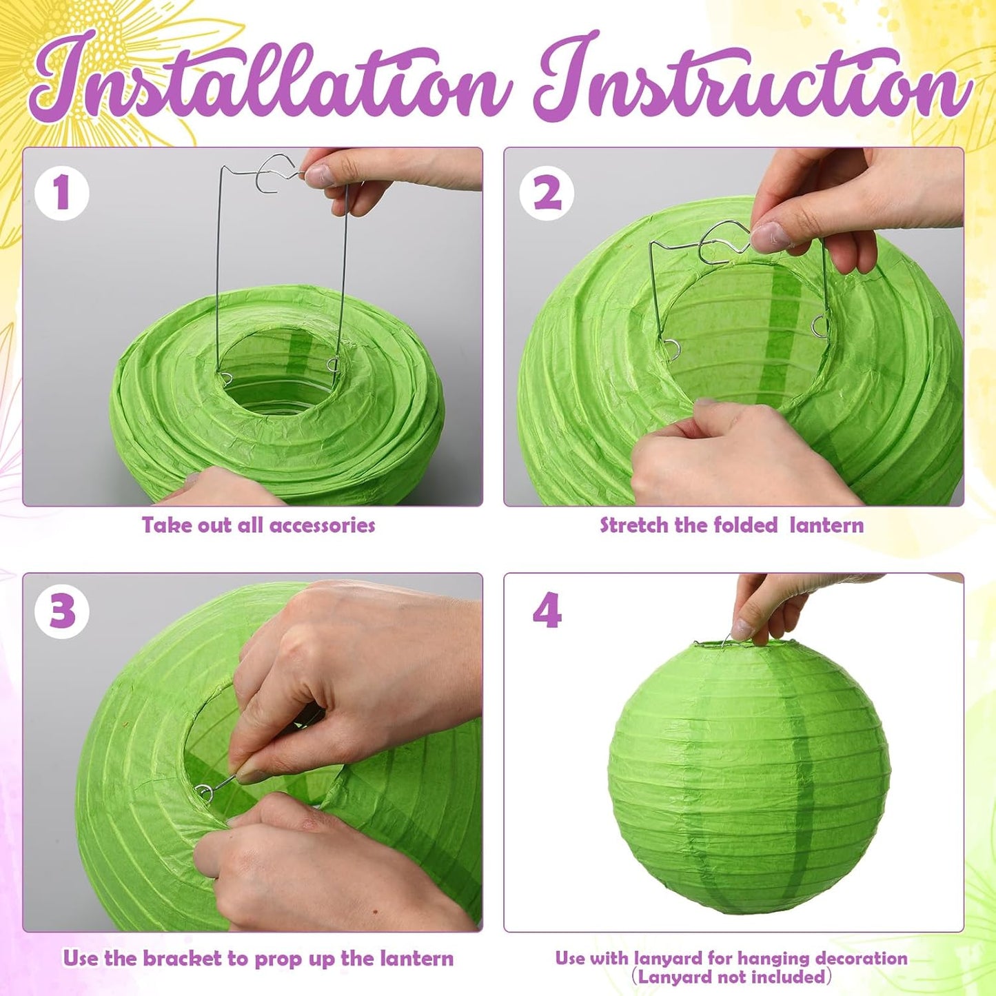 Riakrum 16 Pcs Yellow Green Purple Paper Lanterns Birthday Party Decorations Mixed Size 6'' 8'' 10'' 12'' Colorful Chinese Hanging Paper Lanterns for Wedding Home Decorations Supplies