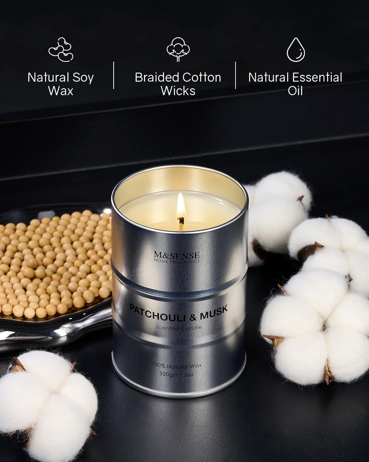 M&SENSE Scented Candle, Patchouli Musk Candle Gifts for Men, 70 Hours Slow Burning Natural Soy Candles11.3 oz, Stress Relief Luxury Aromatherapy Candles Home Decor, Valentines Day Gifts for Him