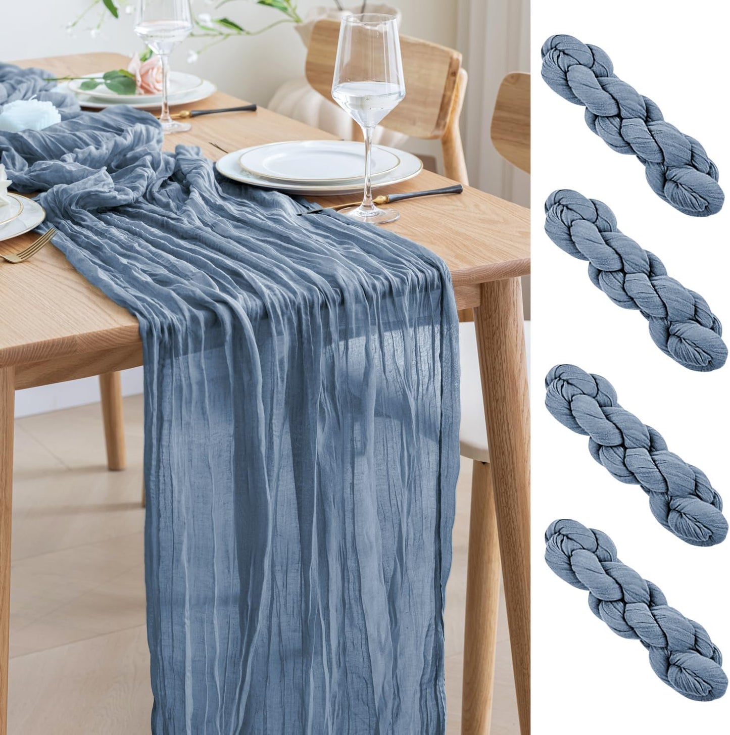 Asee'm 4pcs Cheesecloth Table Runner 120 Inches Long Dusty Blue Boho Gauze Cheese Cloth Runner 10FT Rustic Sheer Table Runners for Christmas Wedding Party Baby Shower Spring Easter Decoration