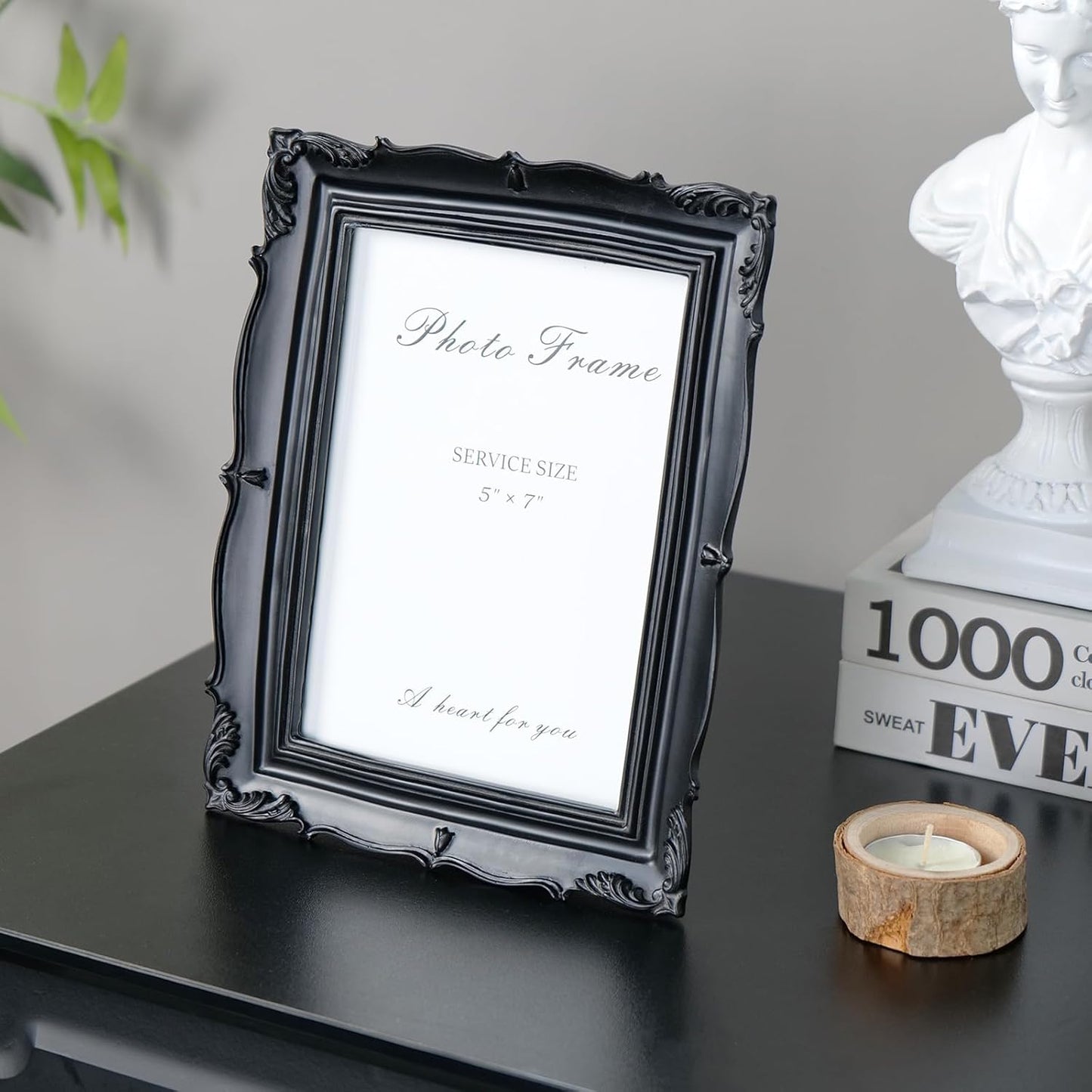 Cuspin Vintage 5x7 Picture Frame Black, Handmade Resin Frame with Carved Texture & Glass Front, Antique Retro Design for Tabletop Display or Wall Hanging, Black Photo Frames Home Decor