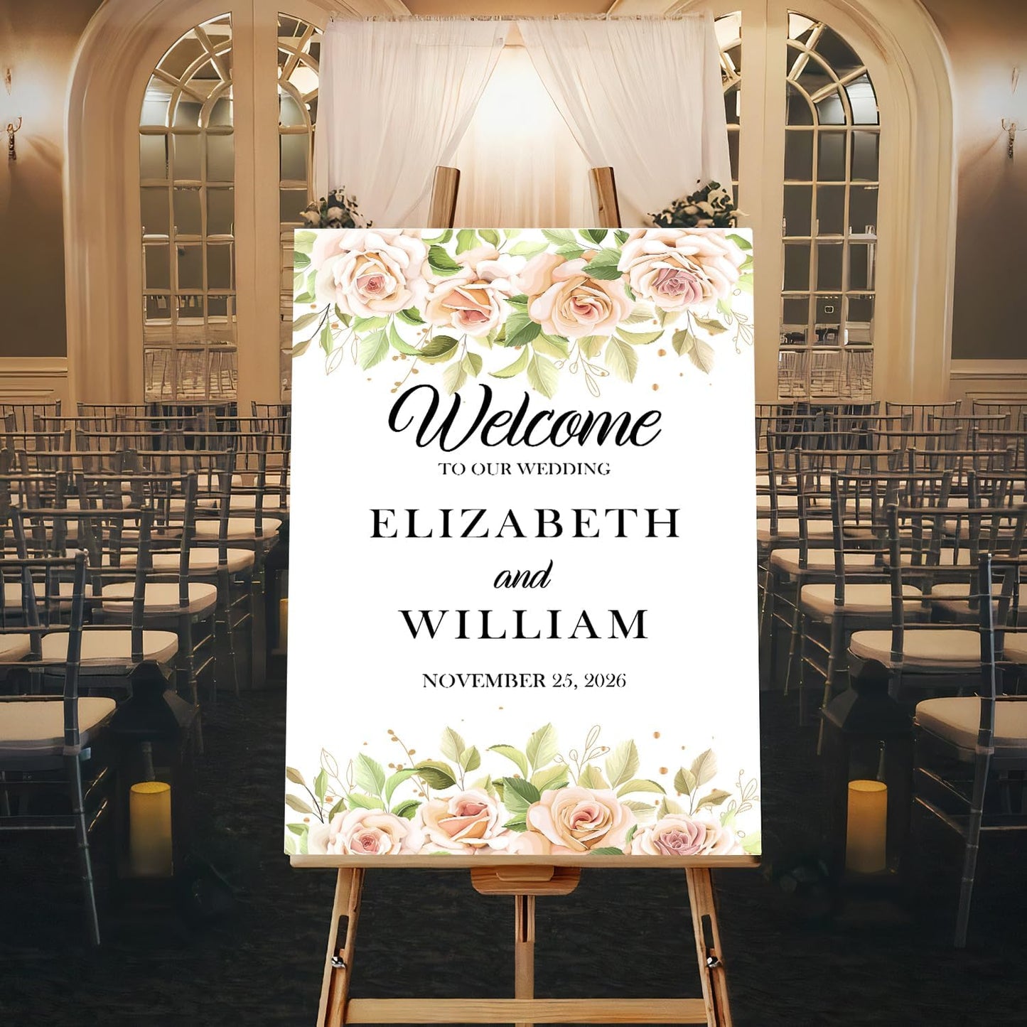 Gentle Pink Rose Wedding Welcome Sign, Minimalist Floral Template, Editable Printable Sign for Ceremony or Reception