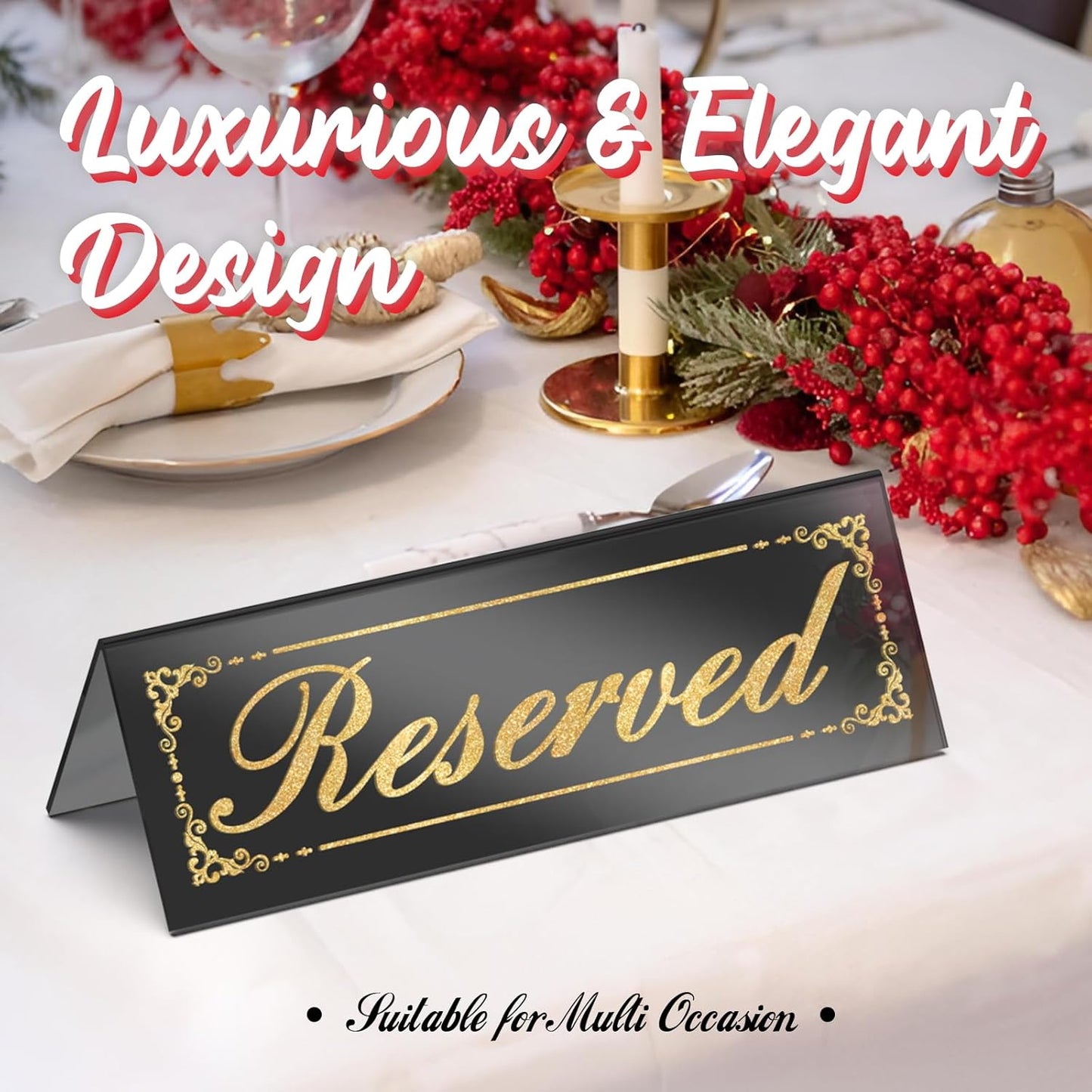 12 Pcs Black Mirrored Reserved Table Signs, 6" x 2" Double Sided Letters, Acrylic Reserved Table Tent Signs with Cleaning Cloth for Wedding Restaurant Ceremony Party Banquet Chairs