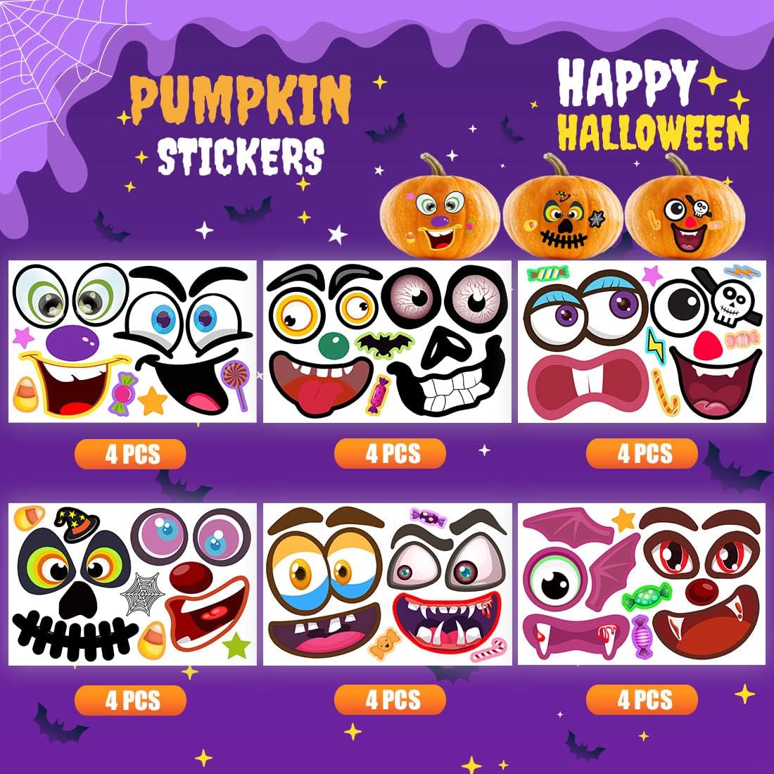 48Packs Pumpkin Decorating Kit, Make Your Own Small Pumpkin face Stickers, Halloween Pumpkin Decorating Stickers for Kids Halloween Party Favors