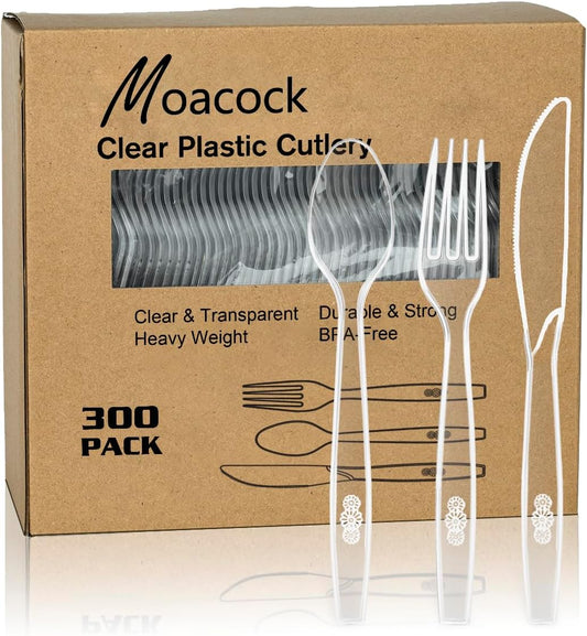 300 Count Clear Plastic Silverware, Heavy Weight Plastic Forks Spoons Knives Disposable Utensils Cutlery Set for Wedding Party Supplies Everyday Use