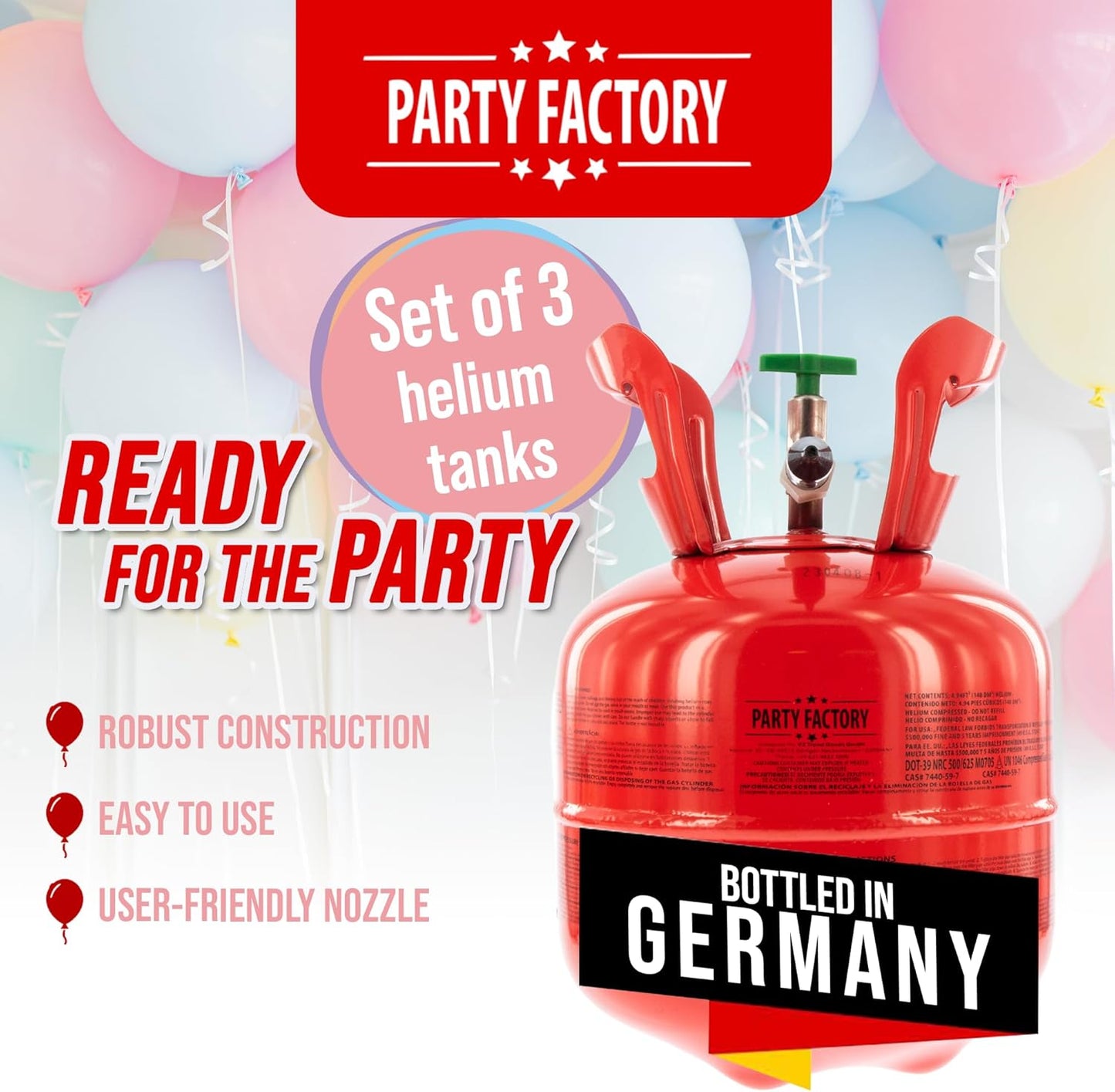 Party Factory set of 3 helium tanks for 20 balloons each, 3 helium cylinders with 5 cu. ft. gas each for party latex-, foil balloons