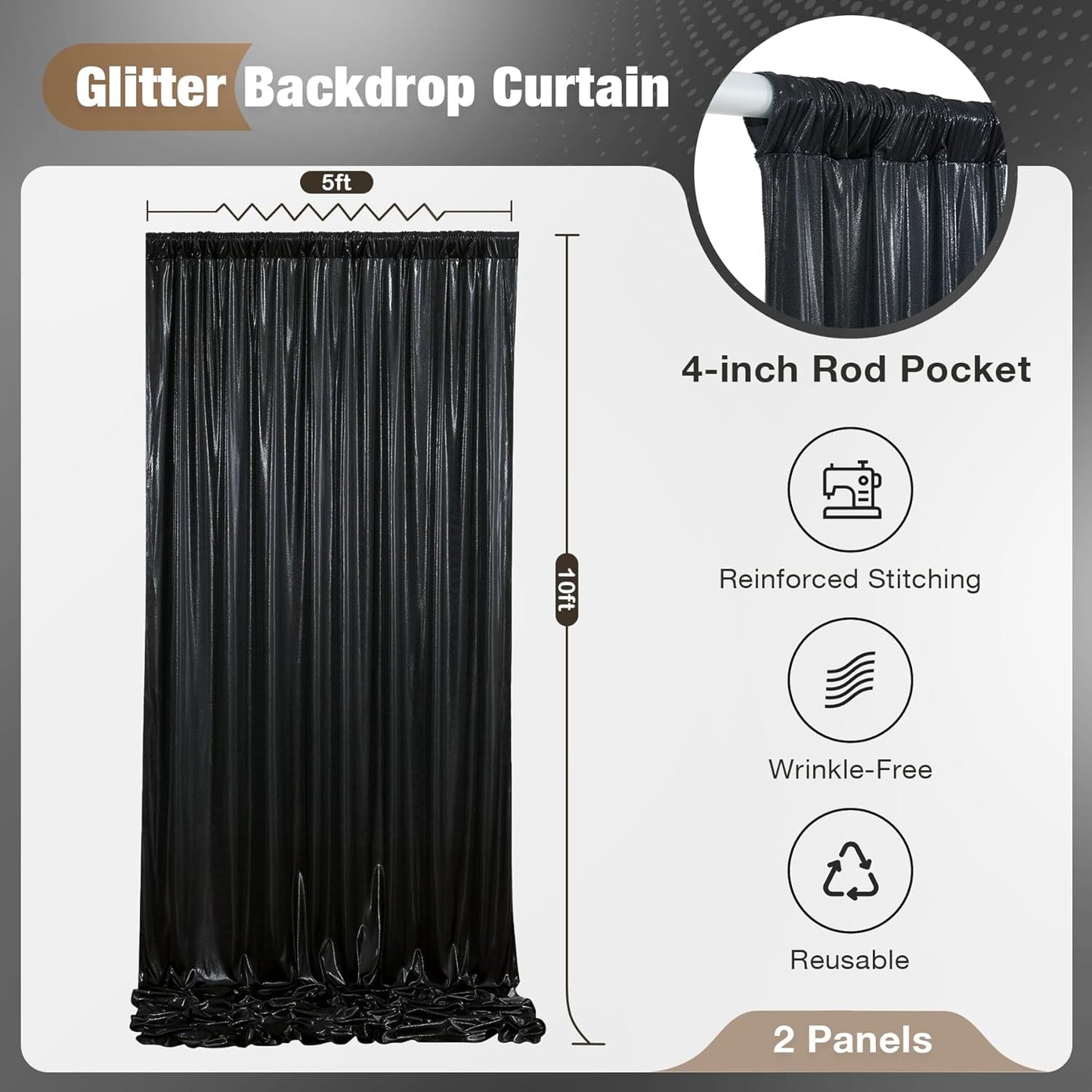 10x10FT Black Sequin Backdrop - 2 Panels 5x10FT Wrinkle-Free Glitter Drapes for Weddings, Parties & Events