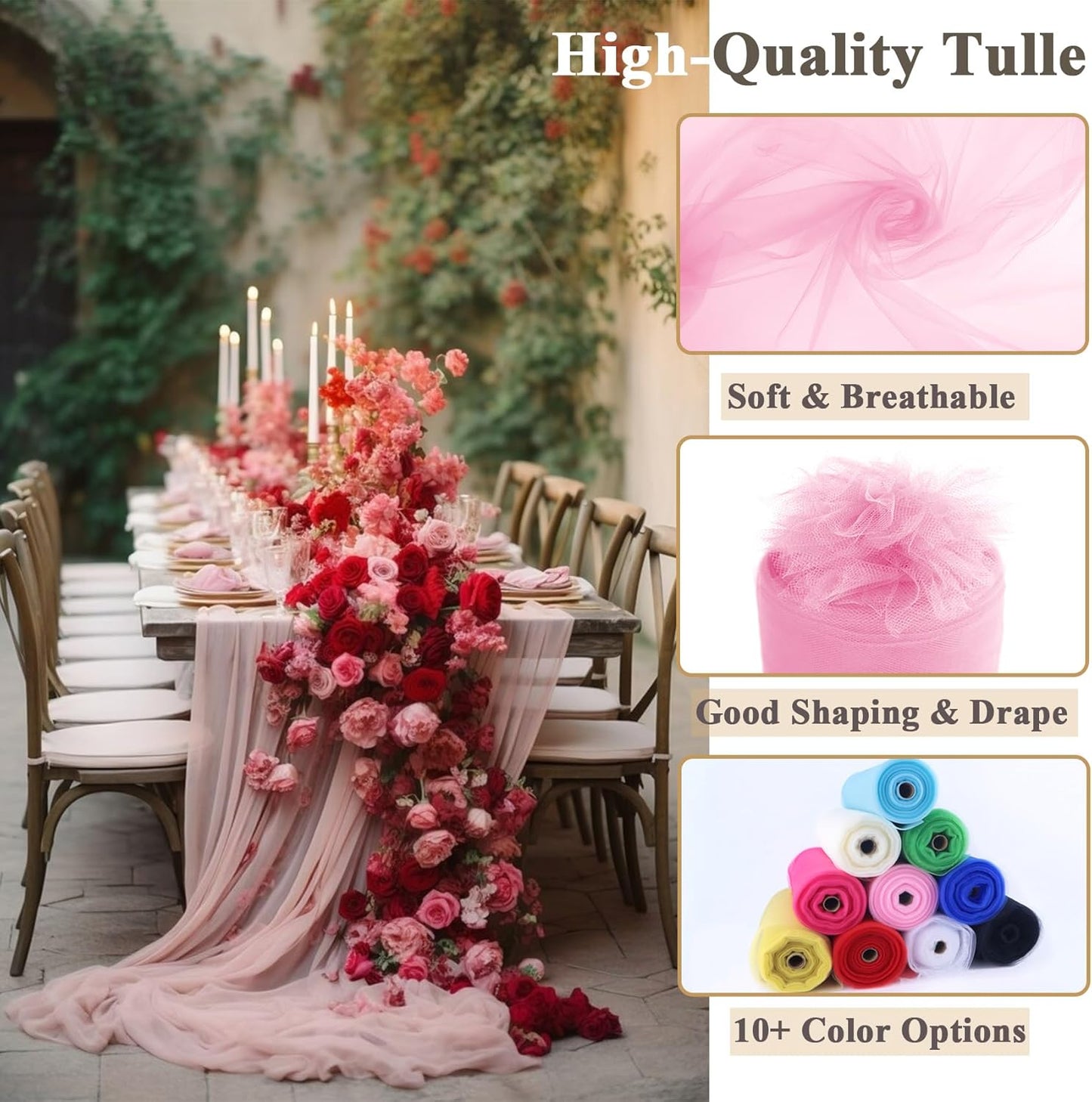 Pink Tulle Fabric Rolls 54 Inch x 40 Yards Large Mesh Tull Bolt for Wedding, Garden Netting, Tutu Skirt, Party Decoration and Craft Supplies