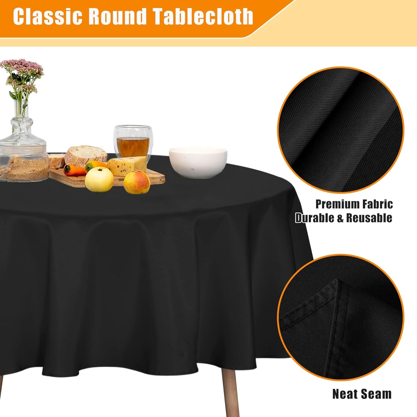 Fitable Black Round Tablecloth 70 inch, Stain and Wrinkle Resistant Washable Polyester Table Cloth for Dining Buffet Parties and Camping