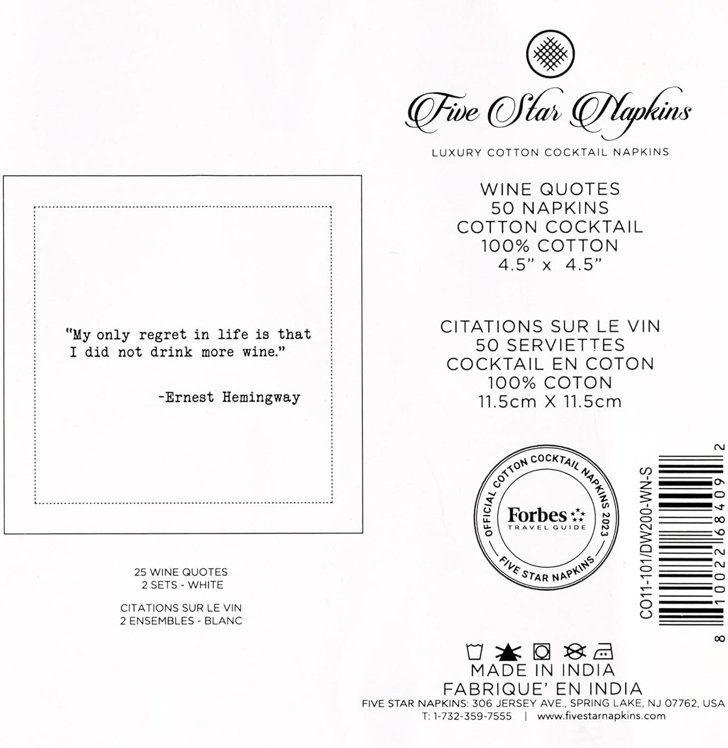 Five Star Napkins Wine Quotes, White Cotton Cocktail Napkins, Beverage Napkins, Bar Napkins, Cloth Napkins, Party Napkins, Events, Holidays, Weddings, Birthdays, Disposable, 4.5" x 4.5"- (50x)