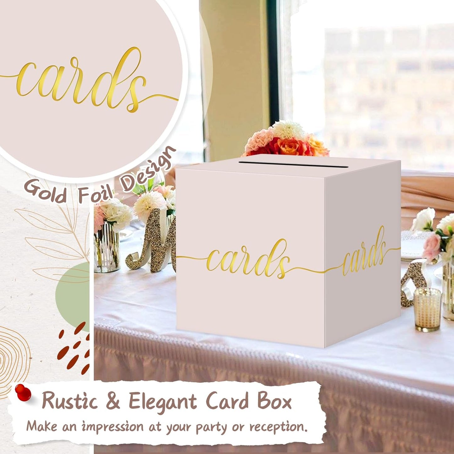 QIKSION Blush Pink Wedding Card Box, Rose Gold Foil Gift Card Box for Party, Wedding Reception, Graduation, Birthday, Baby Shower, Raffle