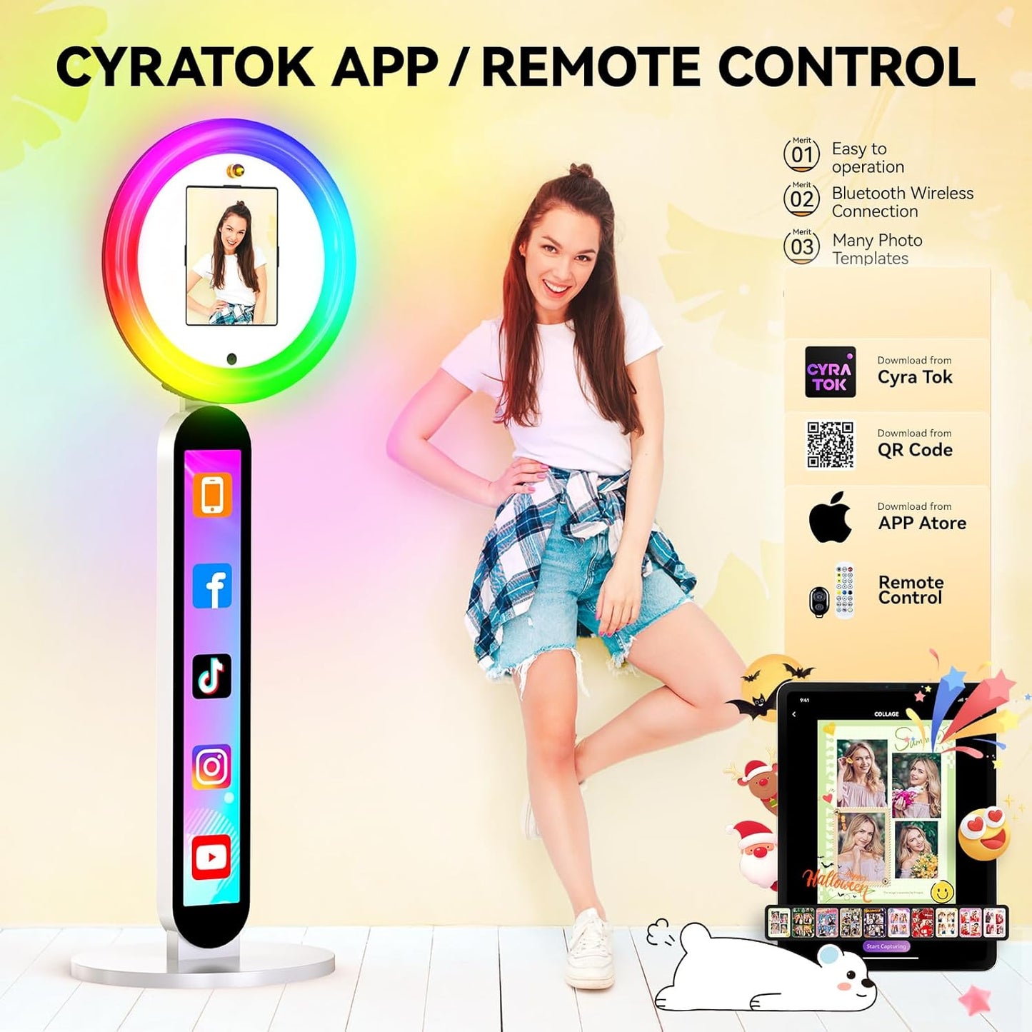 Photo Booth Stand Compatible with 10.2"-12.9" iPad, Large Light Box Customized Logo Photobooth Machine Cyratok APP Software Control Ring Light,Perfect for Wedding/Parties/Birthday(Flight Case)