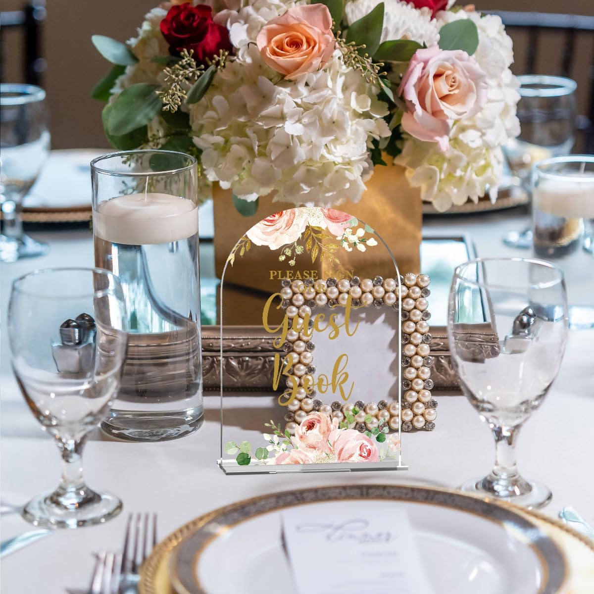 Acrylic Wedding Signs, Bridal Shower Decorations, Please Sign Our Guestbook Signs for Reception, Modern Calligraphy Arch Acrylic Table Top Sign for Wedding Reception (Clear Pink Flowers)