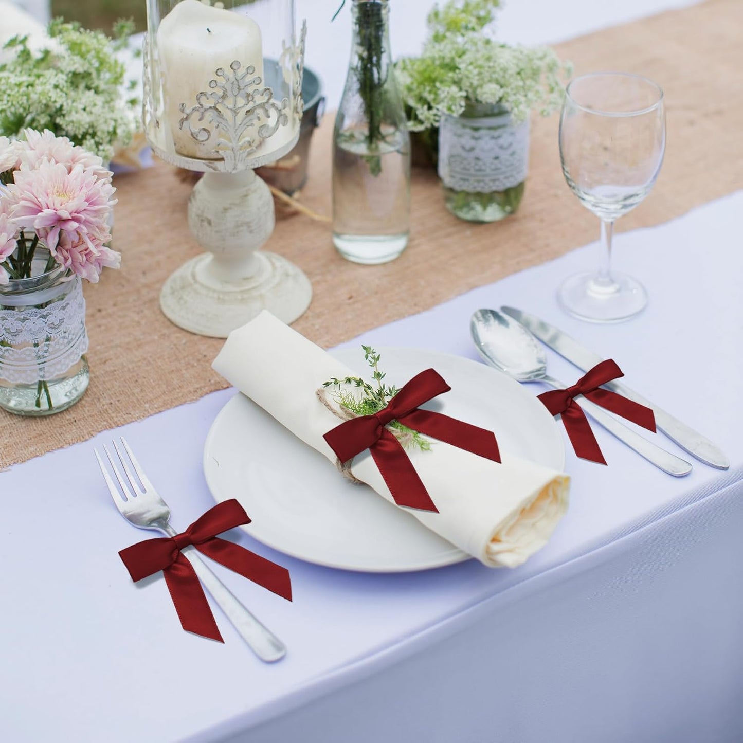 50Pcs Wine Red Twist Tie Bows for Gift Wrapping 2.5" Satin Ribbon Bow for Treat Bags Cake Balloons Birthday Party Favors Wedding Decorations