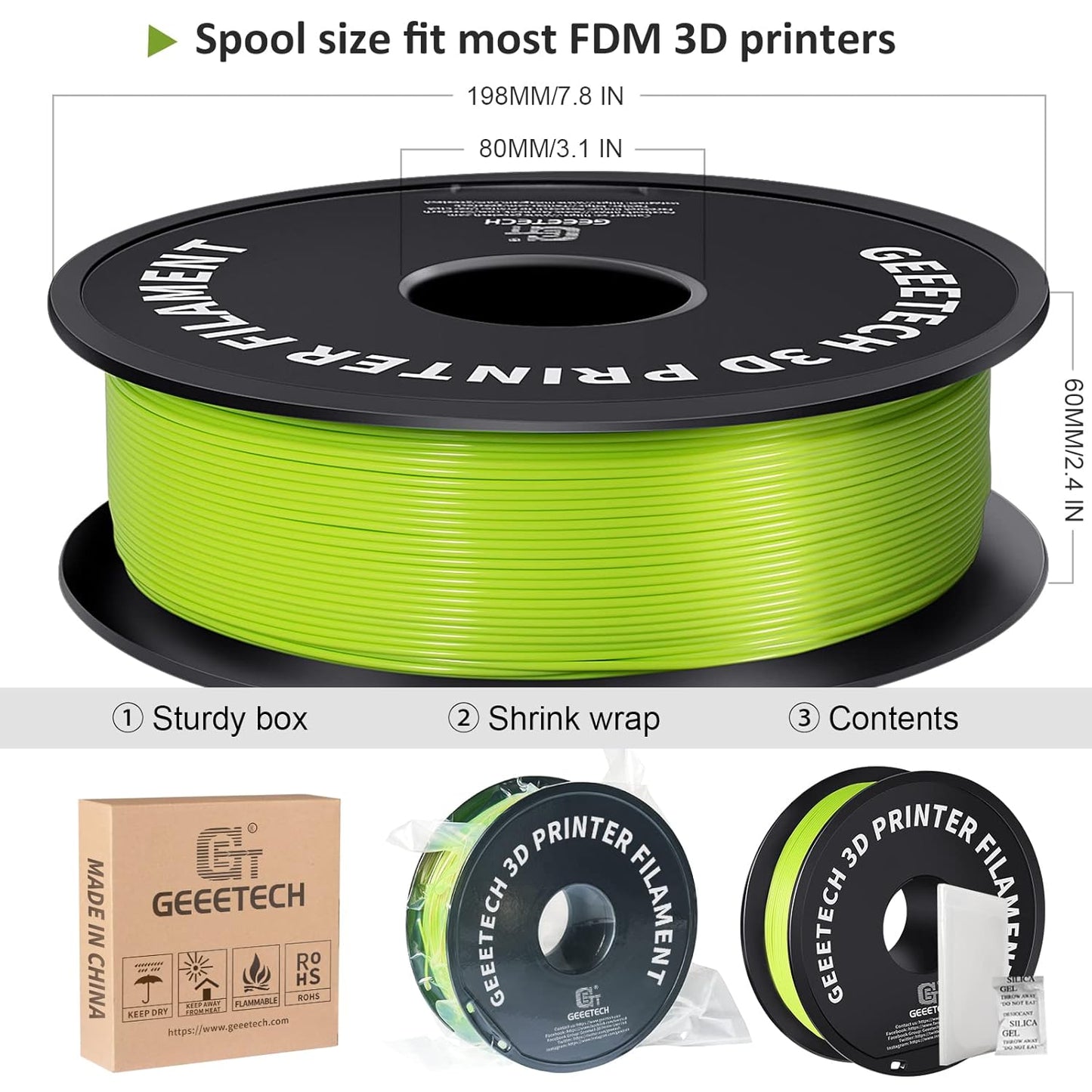 Geeetech 1.75mm PLA 3D Printer Filament, 1kg Spool (2.2lbs), Upgrade Tidy Winding Tangle-Free, Dimensional Accuracy +/- 0.03mm, Apple Green