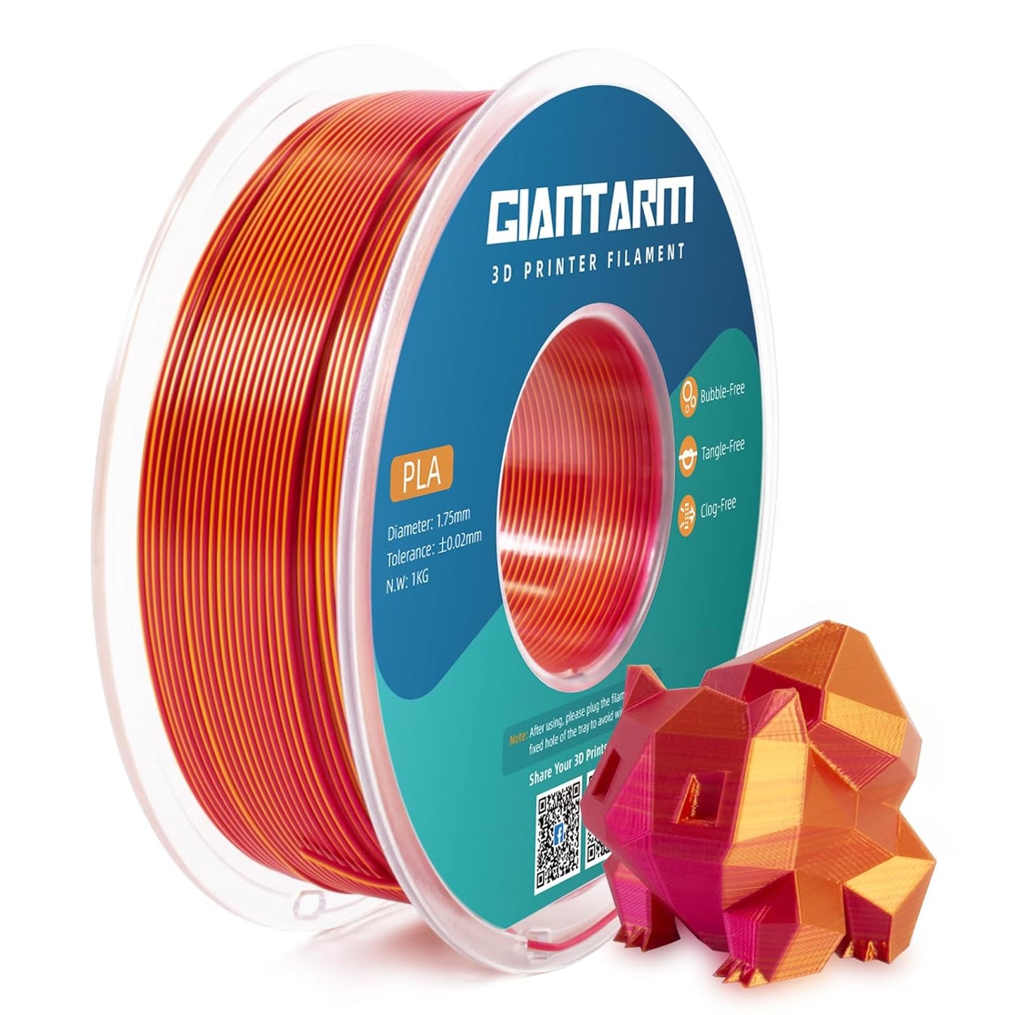 GIANTARM Dual Color PLA Filament, Silk PLA Filament 1.75mm +/-0.02mm,1KG Spool(2.2lbs) Vacuum Packaging, 3D Printing Filaments Fit Most FDM Printer