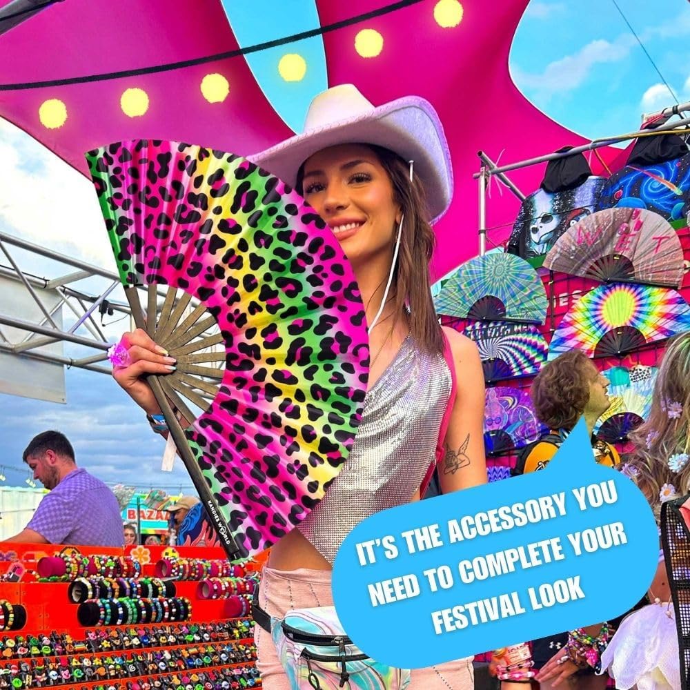 Kandies World UV Reactive Custom Festival Folding Hand Fan - Unique Designs, Made of Bamboo, Clacking Sound, Lightweight - Perfect Rave and Festival Accessory!