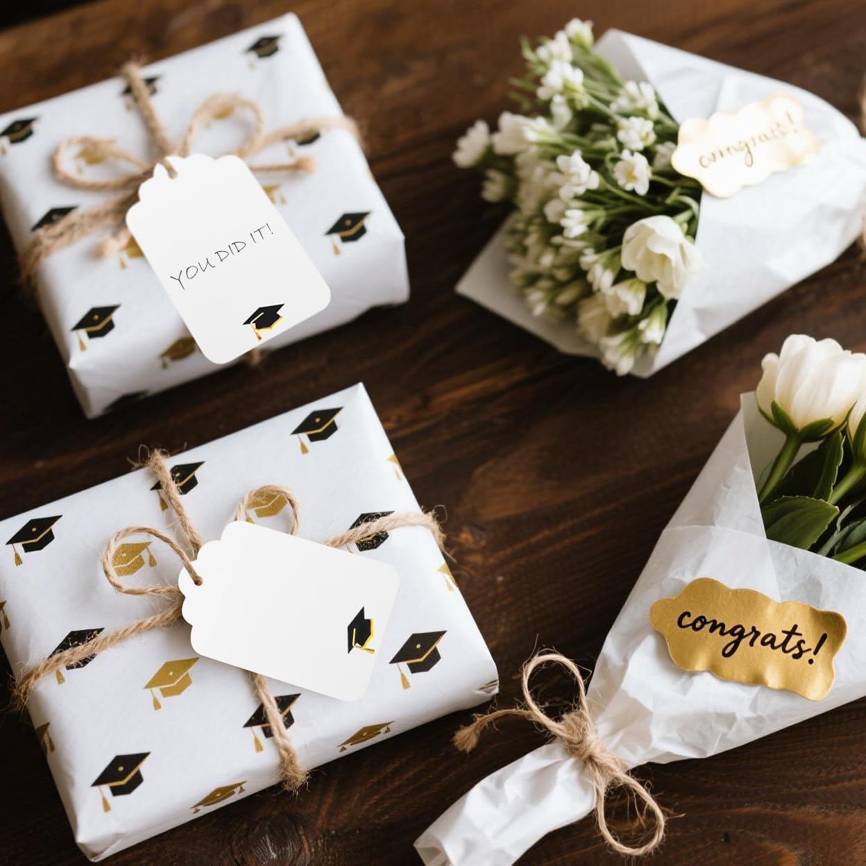 100Pcs Blank Gift Tags with String Foil Black Gold Grad Cap Large Paper Gift Tags with 65 Ft Jute Twine for Congratulations Graduation Congrats Grad Class of 2025 Party