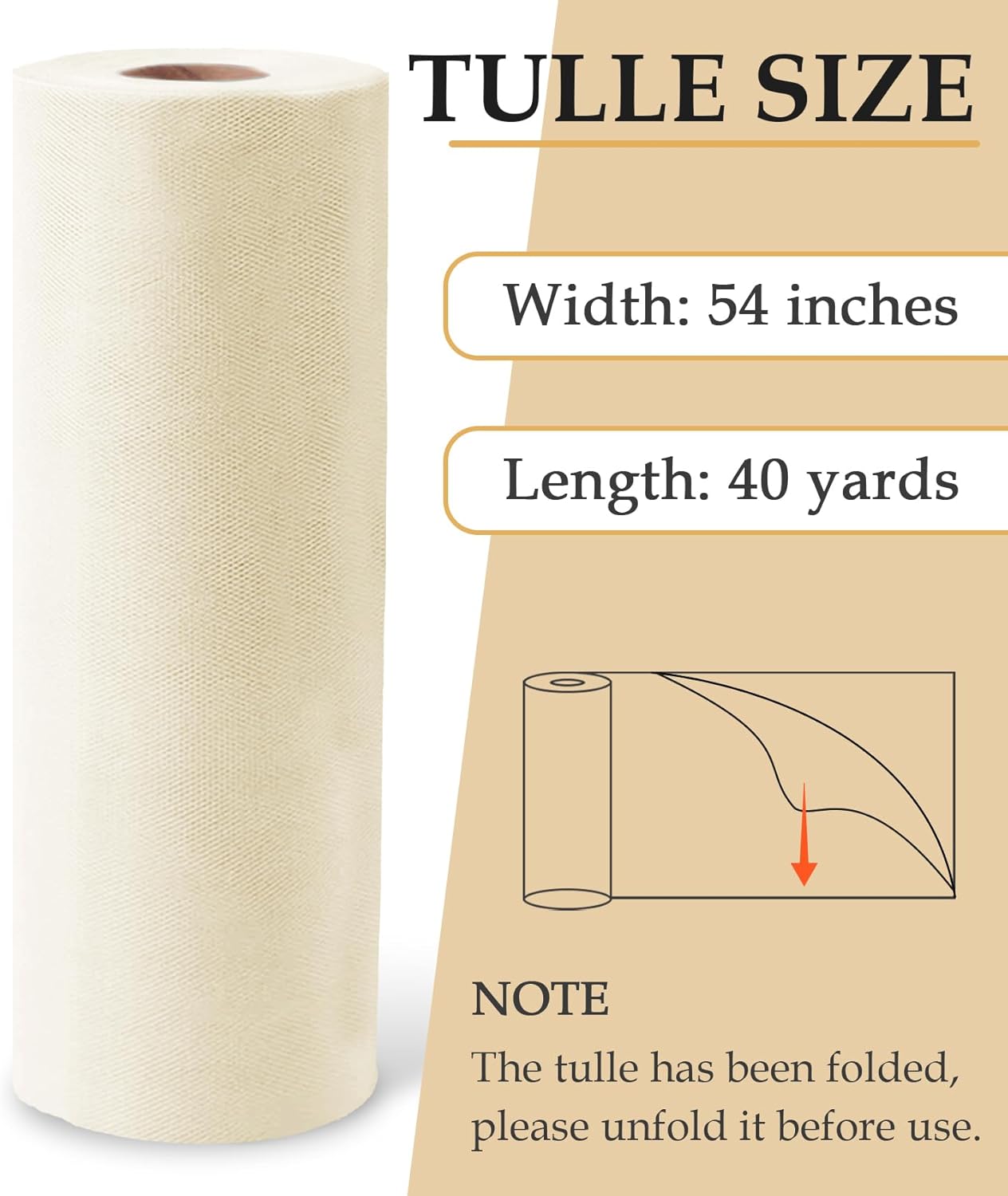 Ivory Tulle Fabric Roll, 54" x 40 Yards (120FT) Tulle for Wedding Decoration Christmas Gift Wrapping DIY Tutu Party Backdrop Baby Shower Table Skirts
