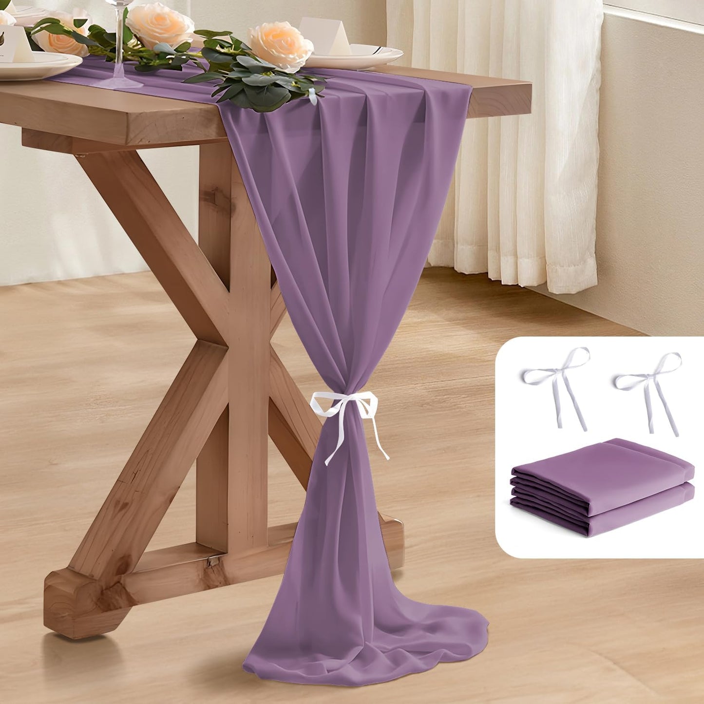 2 Pack 10 Ft Chiffon Table Runner Lavender Gauze Long Table Runners 27x120 Inches Sheer Tulle Table Runner for Rustic Wedding Reception Bridal Shower Decorations Birthday Party