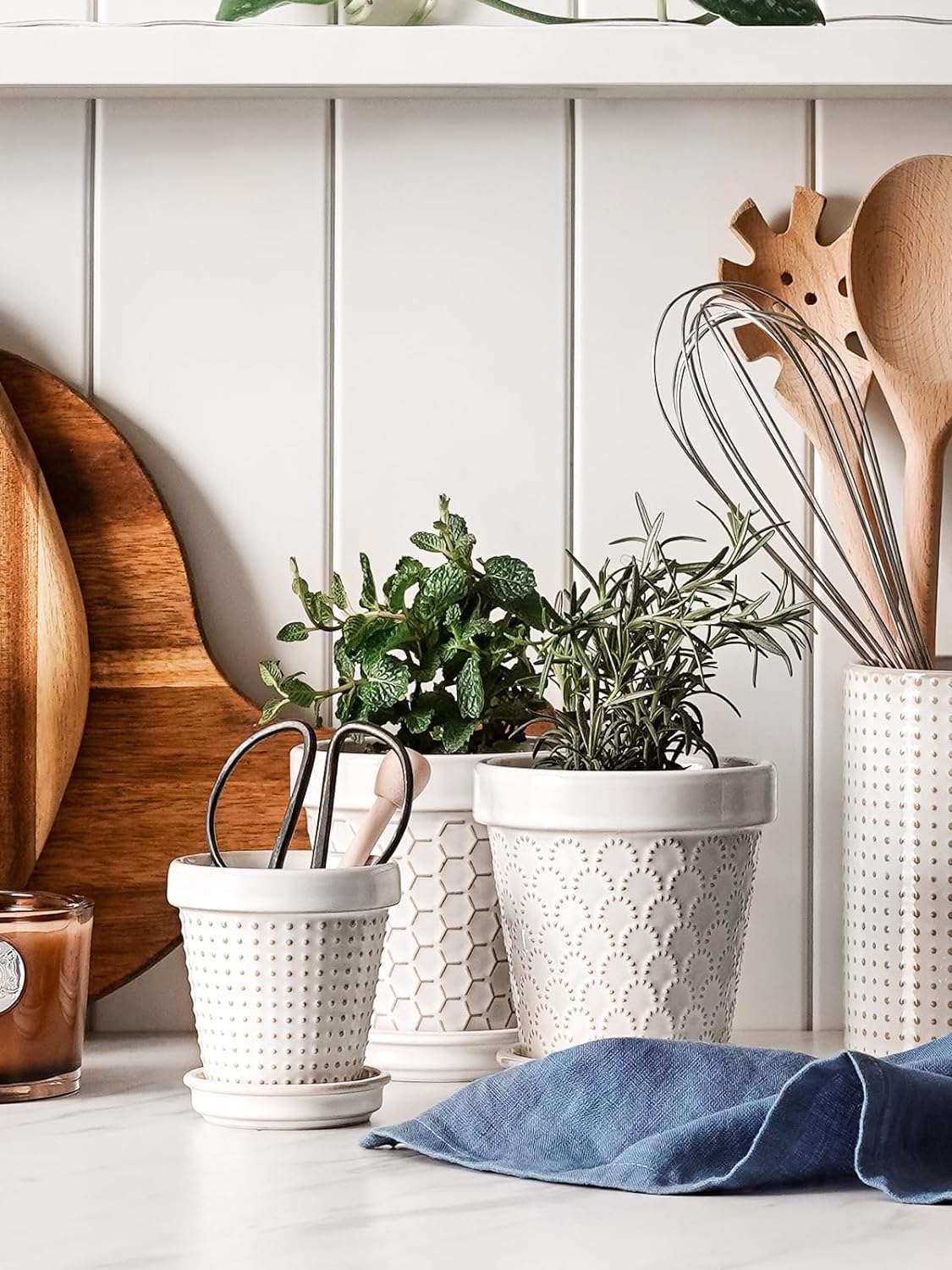 LE TAUCI Ceramic Succulent Pots, 4 Inch Small Plant Pot for Indoor Plant Cactus, Embossed Flower Pots with Drainage Hole & Saucer - Set of 4, Arctic White