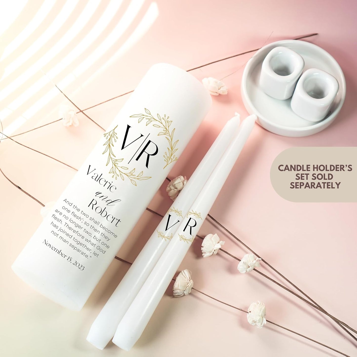 Unity Candles for Wedding, Modern Unity Set, Custom and Personalized Pillar and Taper Candles with Bible Quote, Unscented White Premium Wax, Religious and Wedding Ceremony, Special Events (Laurel)