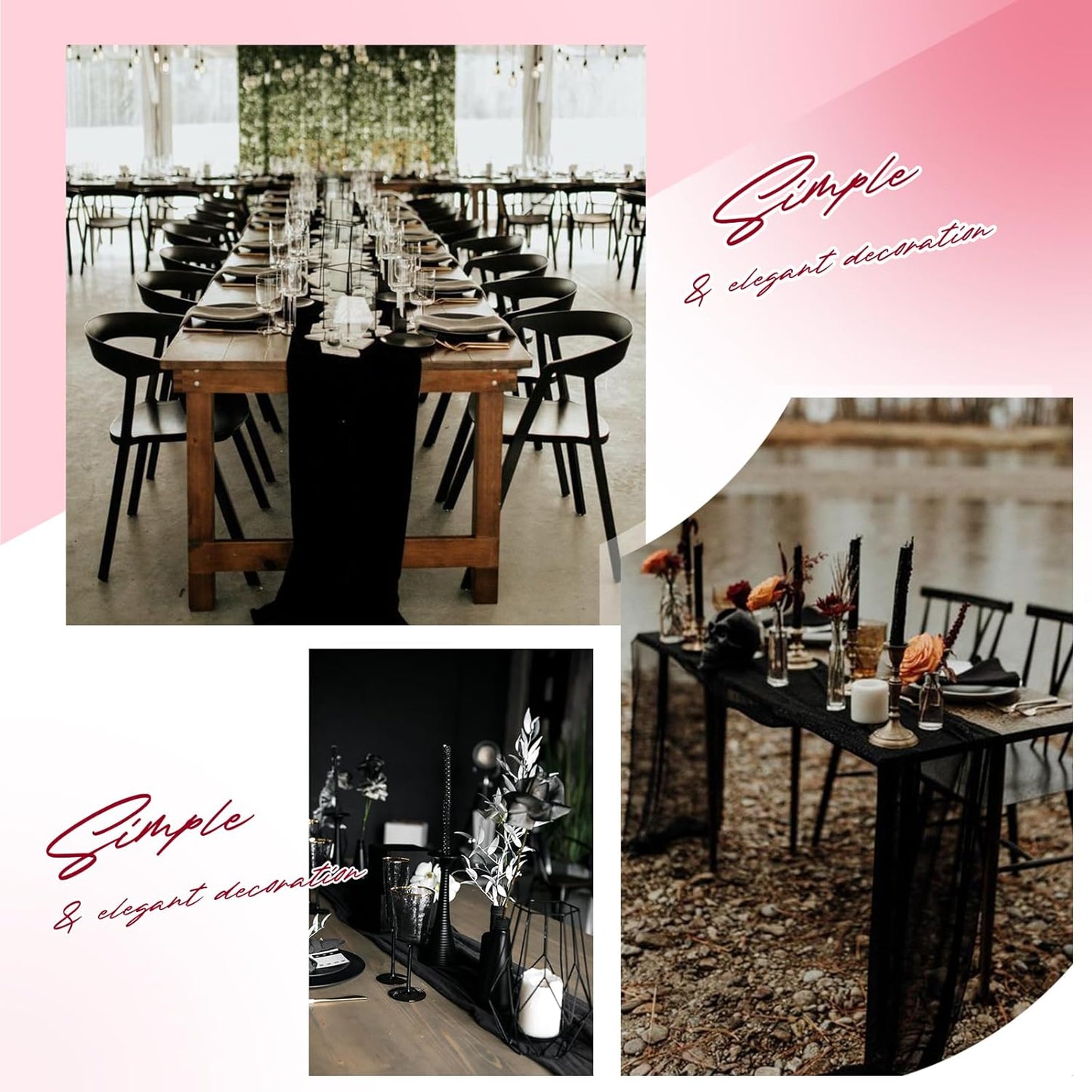 Aktor 12 Pack Black Table Runner Boho Cheesecloth Table Runner Semi Sheer Gauze Fabric Runners for Wedding Birthday Baby Shower Party Boho Table Decoration（Black）