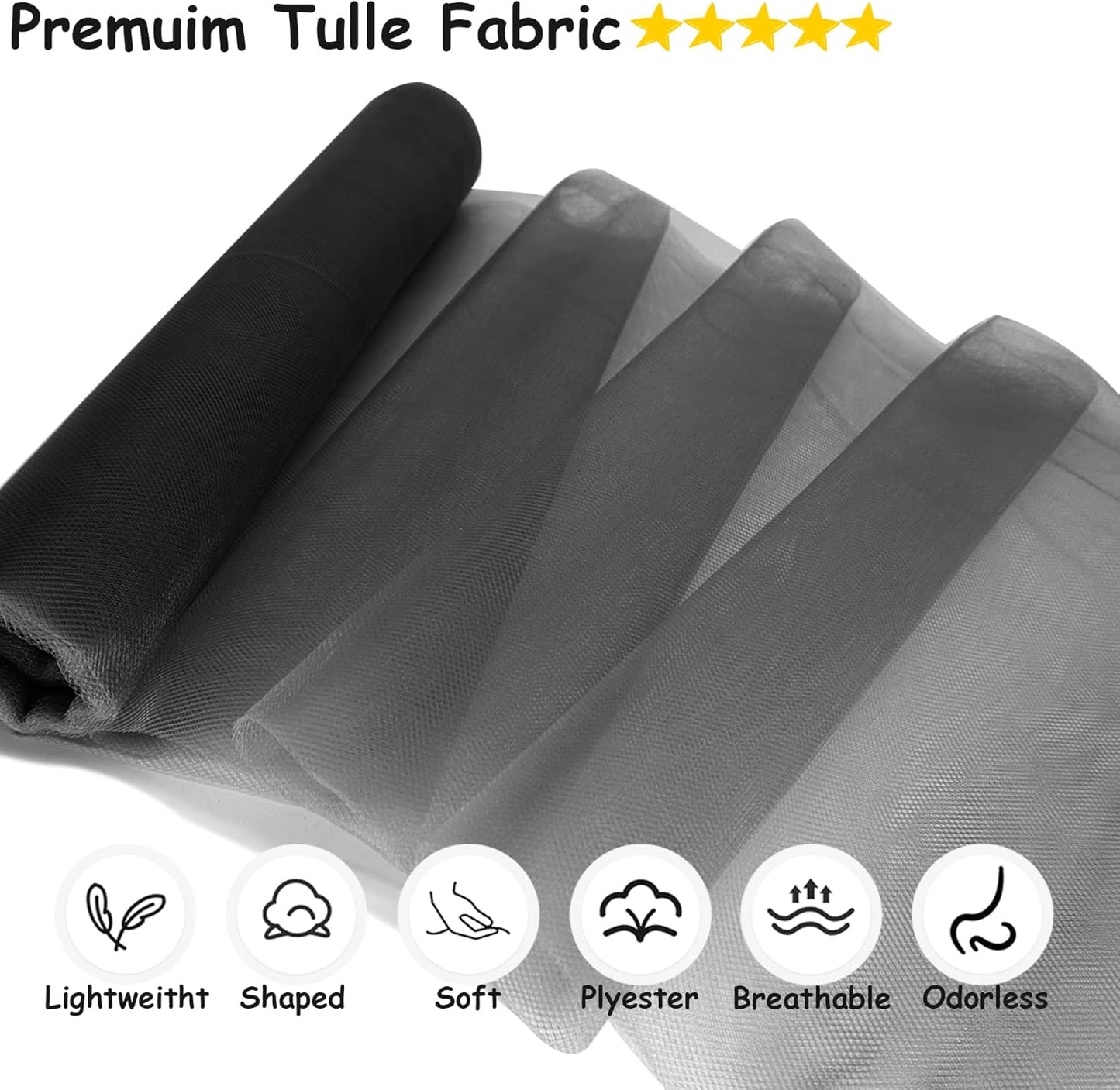 Black Tulle Fabric Rolls, 54 Inch by 10 Yards (30 ft) Tulle Ribbon for Wedding Party Decoration Sheer Fabric Spool Bolt, Ceiling Decor, Tutu Skirt, Christmas Gift Wrapping, Soft & Drape (Black)
