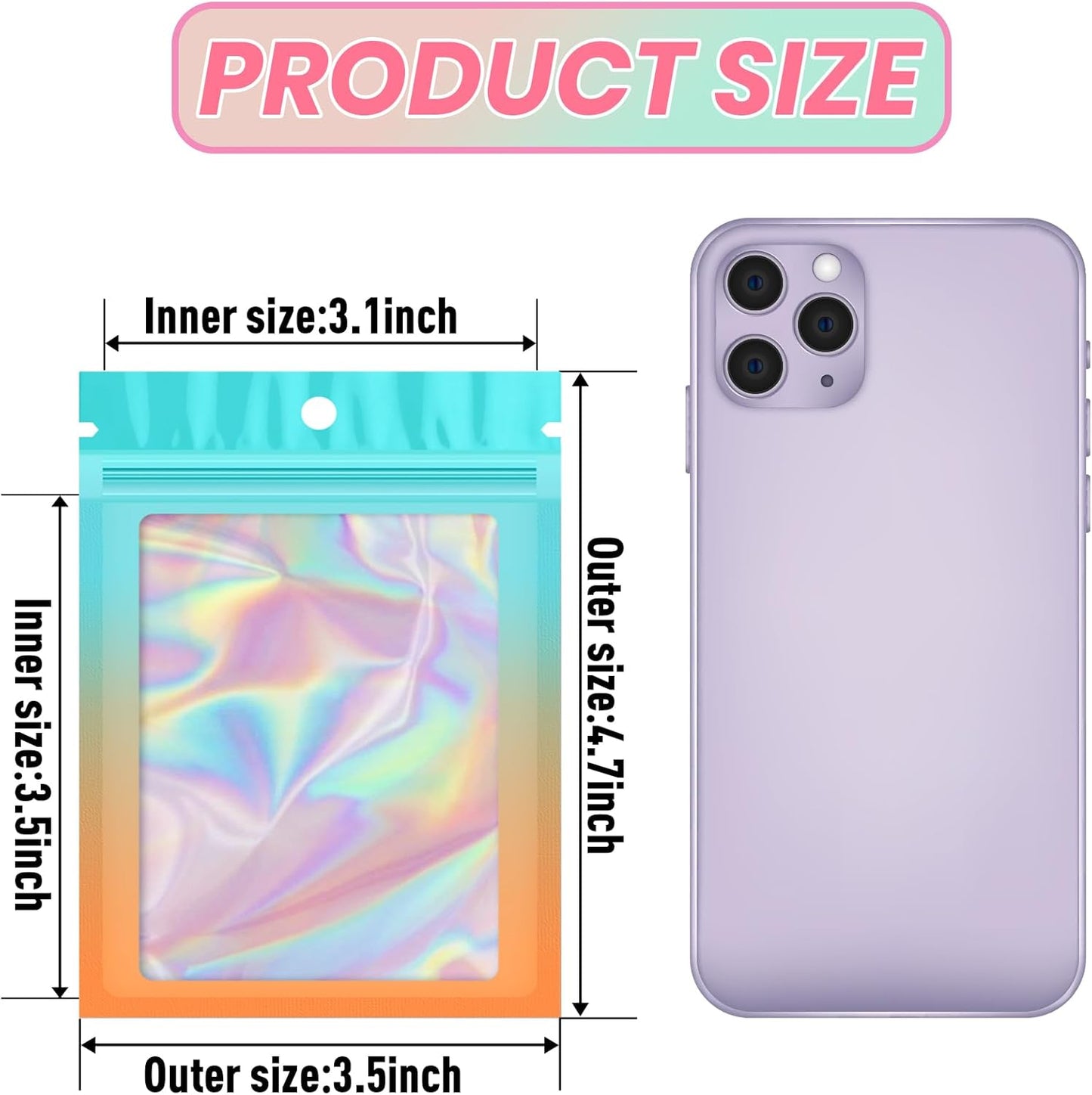 Funfery 100 Pcs Gradient Mylar Holographic Bags,Clear Window Smell Proof Foil Bag Sealing Resealable Bags with Zipper,Packaging Bag for Food Storage,Jewelry,Business Supplies(3.5×4.7in,Blue Orange)