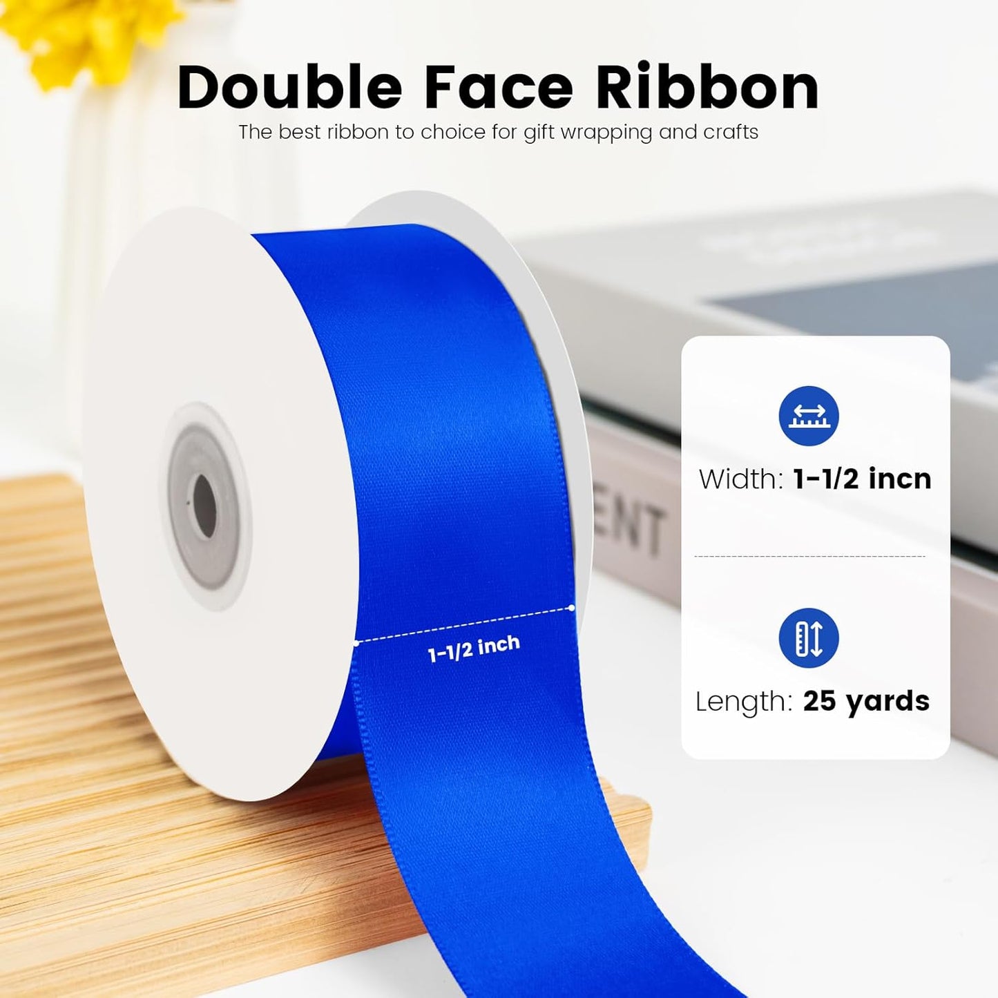 Double Faced Royal Blue Satin Ribbon, 1-1/2" x 25 Yards Ribbons, Perfect for Crafts, Wedding Decor, Bow Making, Sewing, Gift Package Wrapping and More