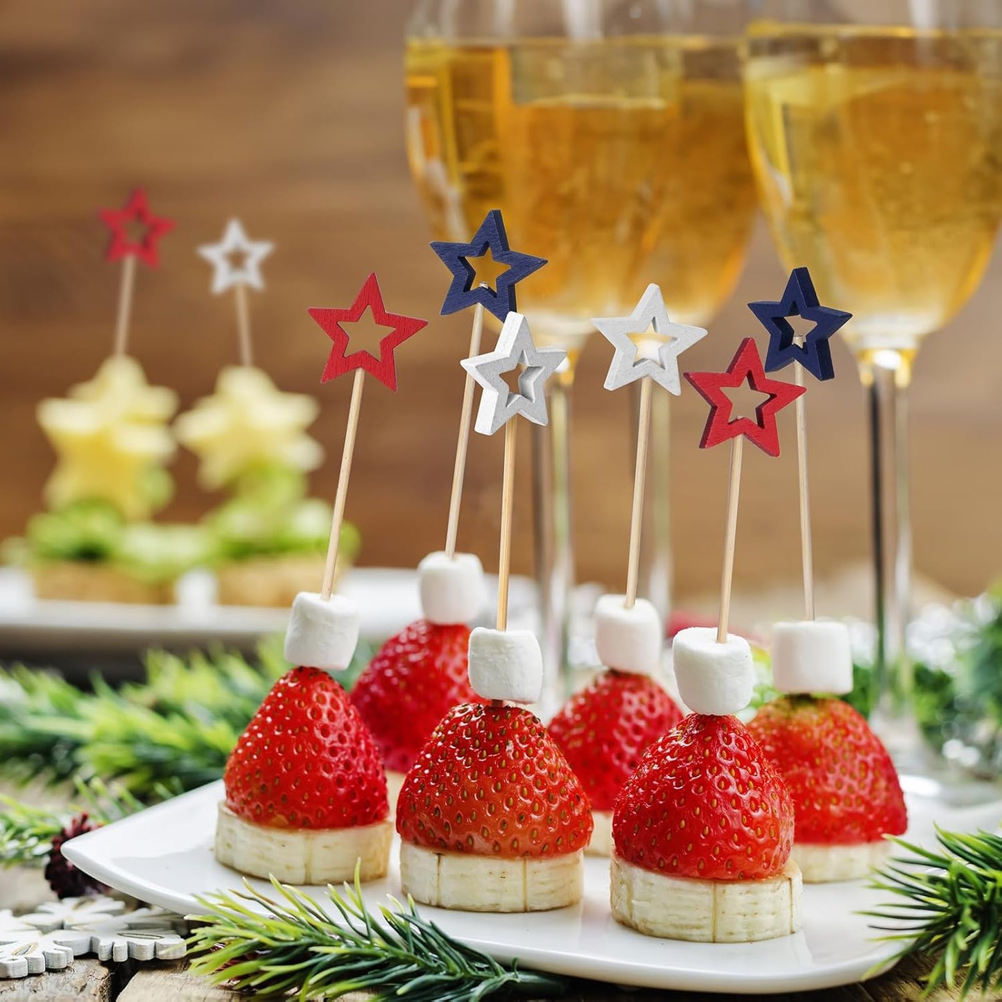 Minisland Mixed Red Blue White Star Cocktail Picks, 5.5 Inch Long Bamboo Fancy Toothpicks for Appetizers, Decorative Independence Day Party Food Drinks Garnish Fruit Skewer Sticks 50 Counts - MSL435
