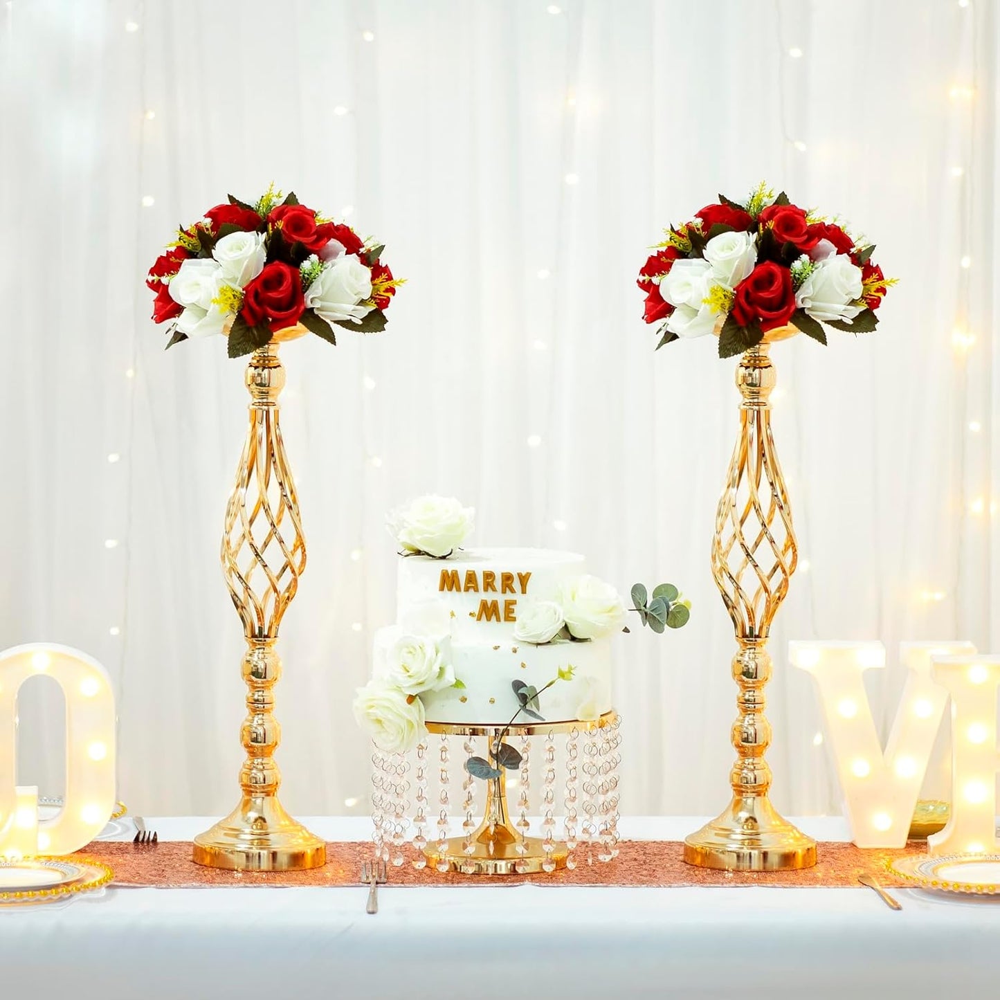 LANLONG 2pcs Metal Gold Candle Holders Road Lead Table Centerpiece Stand Pillar Candlestick for Wedding Candelabra Flowers Vases