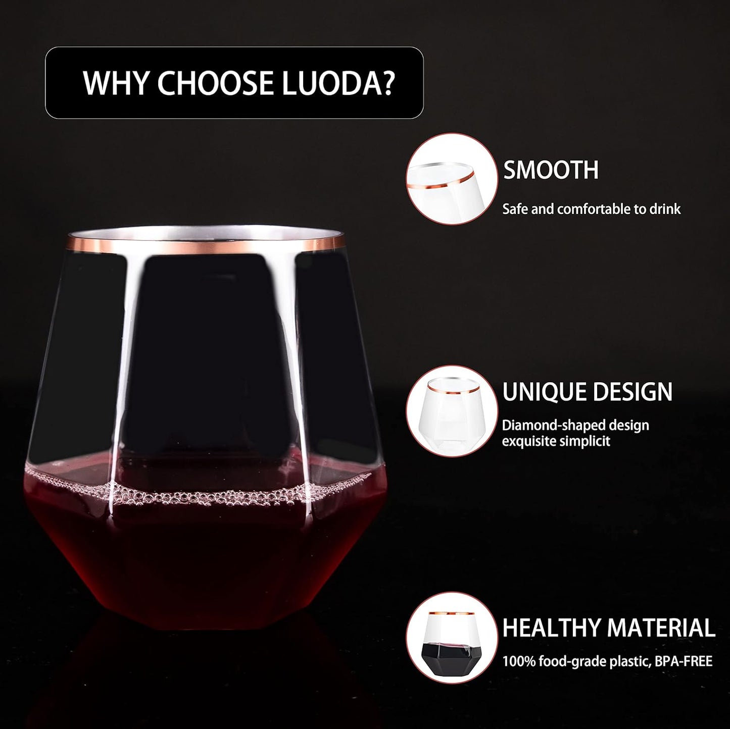 LUODA 32 Pack Rose Gold Diamond Wine Glasses, 12 Oz Stemless Rose Gold Rim Wine Glass, Disposable Clear Plastic Whiskey Glasses For Serving White Wine, Red Wine, Cocktail, Whiskey