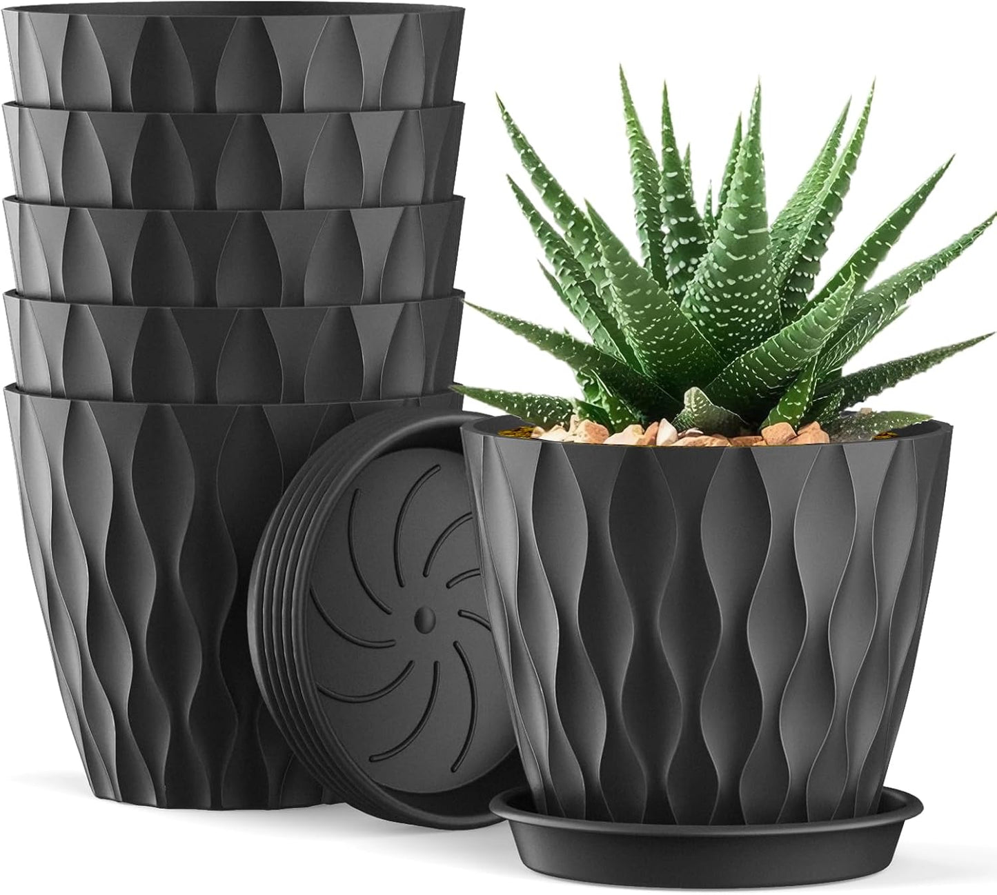 4 Inch Small Pots for Plants, 6 Pack Waffle Texture Small Plant Pots for Succulents, Plastic Planter with Drainage Holes and Saucers for Indoor Outdoor Plants, Flowers, Herbs, Seedlings,Black