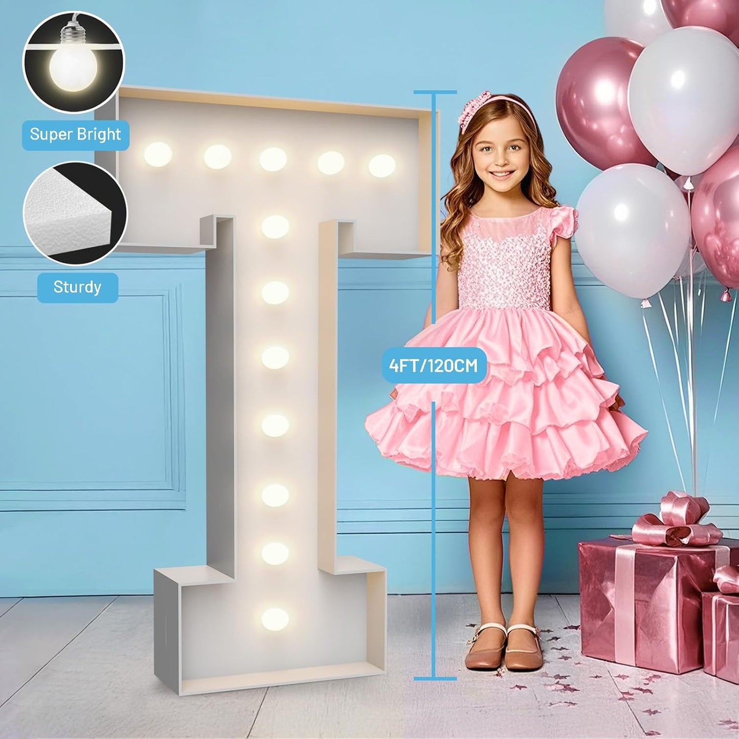 4FT Marquee Light Up Letters T,Party Decoration Large Marquee Light Up Letters with Weighted Water Bag,Pre-cut Foam Board Set Can Be Used for Birthdays,Weddings,Baby Anniversaries