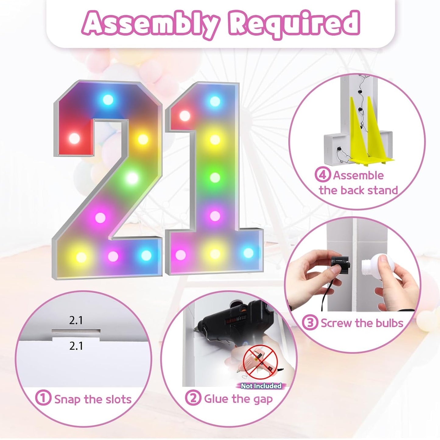Marquee Numbers 21st-Birthday Decoration: Colorful 3FT Large Light Up 21 Year Old Birthday Decorations Anniversary Backdrop for Boys Girls Cardboard Sign 18 Colors Number 21 Mosaic Balloon Frame