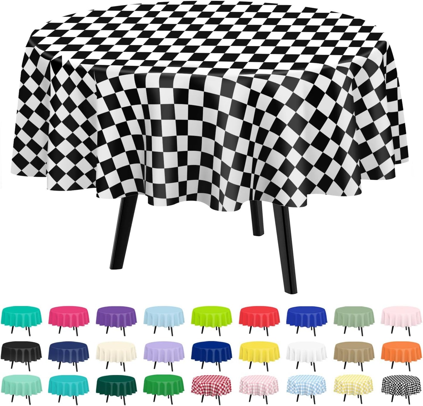 QIKSION Black and White Gingham Round Tablecloth 12 Pack, 84 Inch Plastic Checkered Table Cover Disposable for Parties