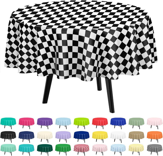 QIKSION Black and White Gingham Round Tablecloth 12 Pack, 84 Inch Plastic Checkered Table Cover Disposable for Parties