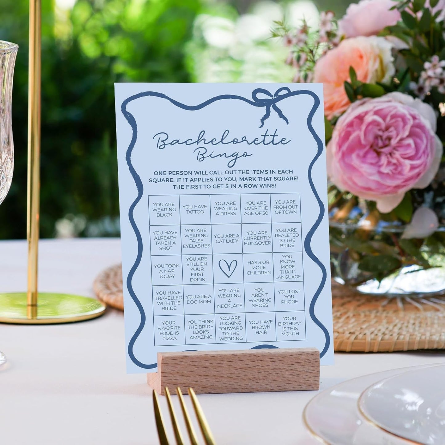 DEEKA 30 PCS Bridal Shower Games Card for 30 Guests Blue Wavy Border Ribbon Bow Funny Wedding Bachelorette Party Games for Reception (Bachelorette Bingo)