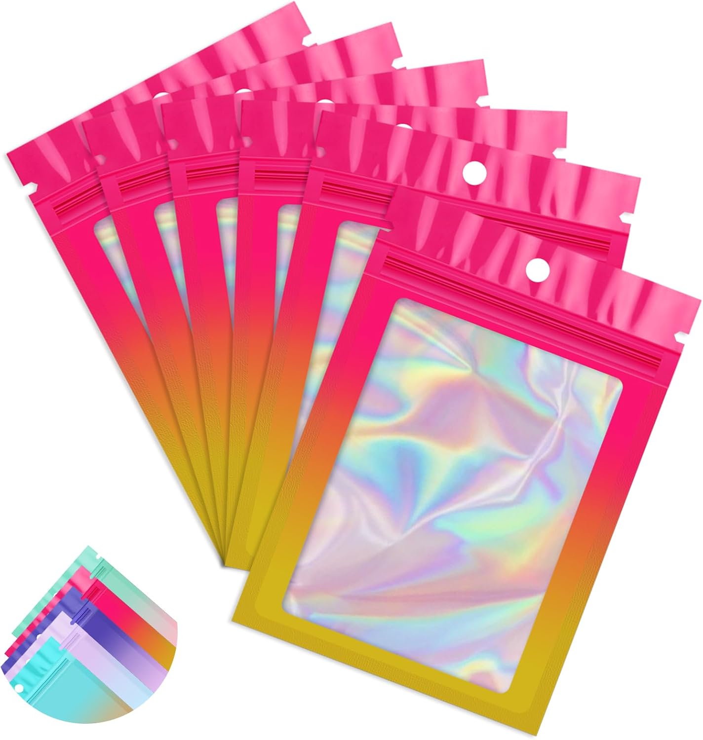 Funfery 100 Pack Gradient Holographic Bags,Mylar Resealable Bags with Zipper,Clear Window Packaging Pouchs,Foil Smell Proof Bag for Food Storage,Sample Jewelry Bag(5.5x7.9In,Hot Pink Orange)