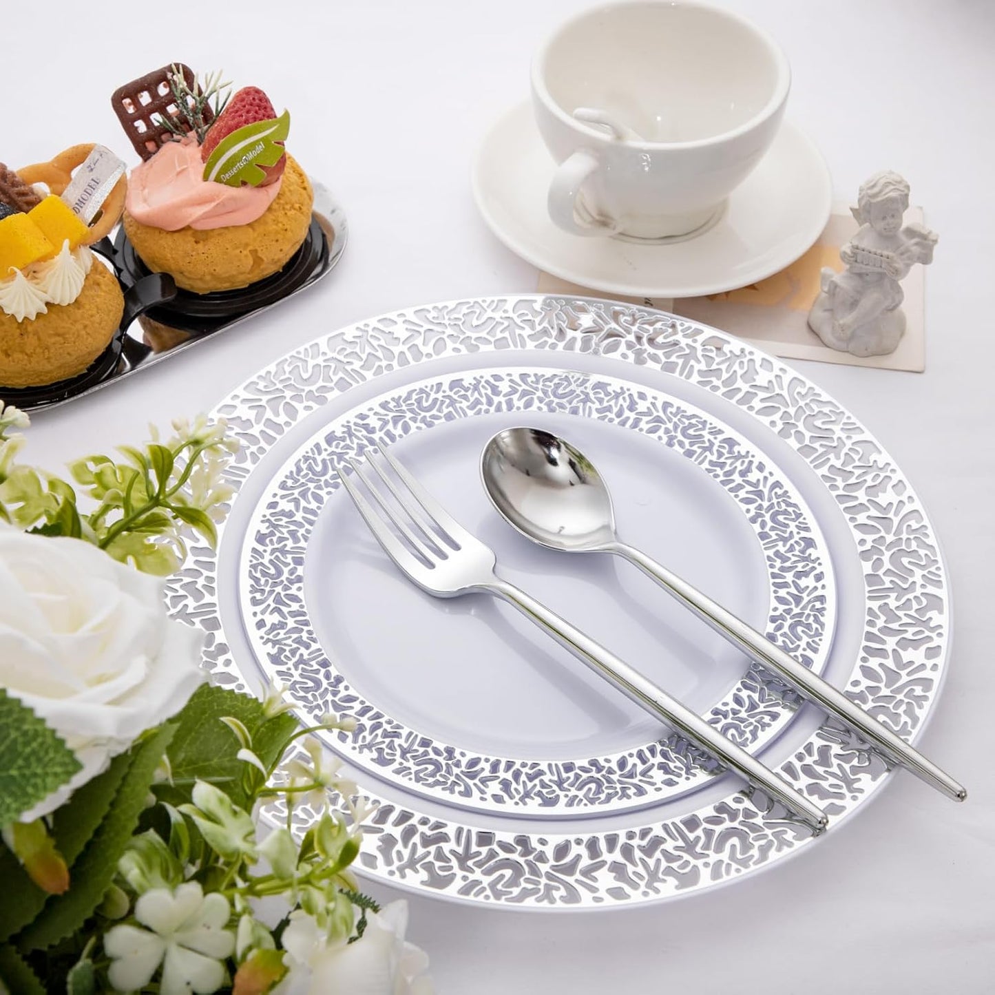 SUT 100Pcs Silver Plastic Silverware - Plastic Spoons and Forks, Disposable Silverware, Plastic Cutlery Set,50 Gold Plastic Forks, 50 Gold Plastic Spoons for Catering, Parties, Dinners, Weddings