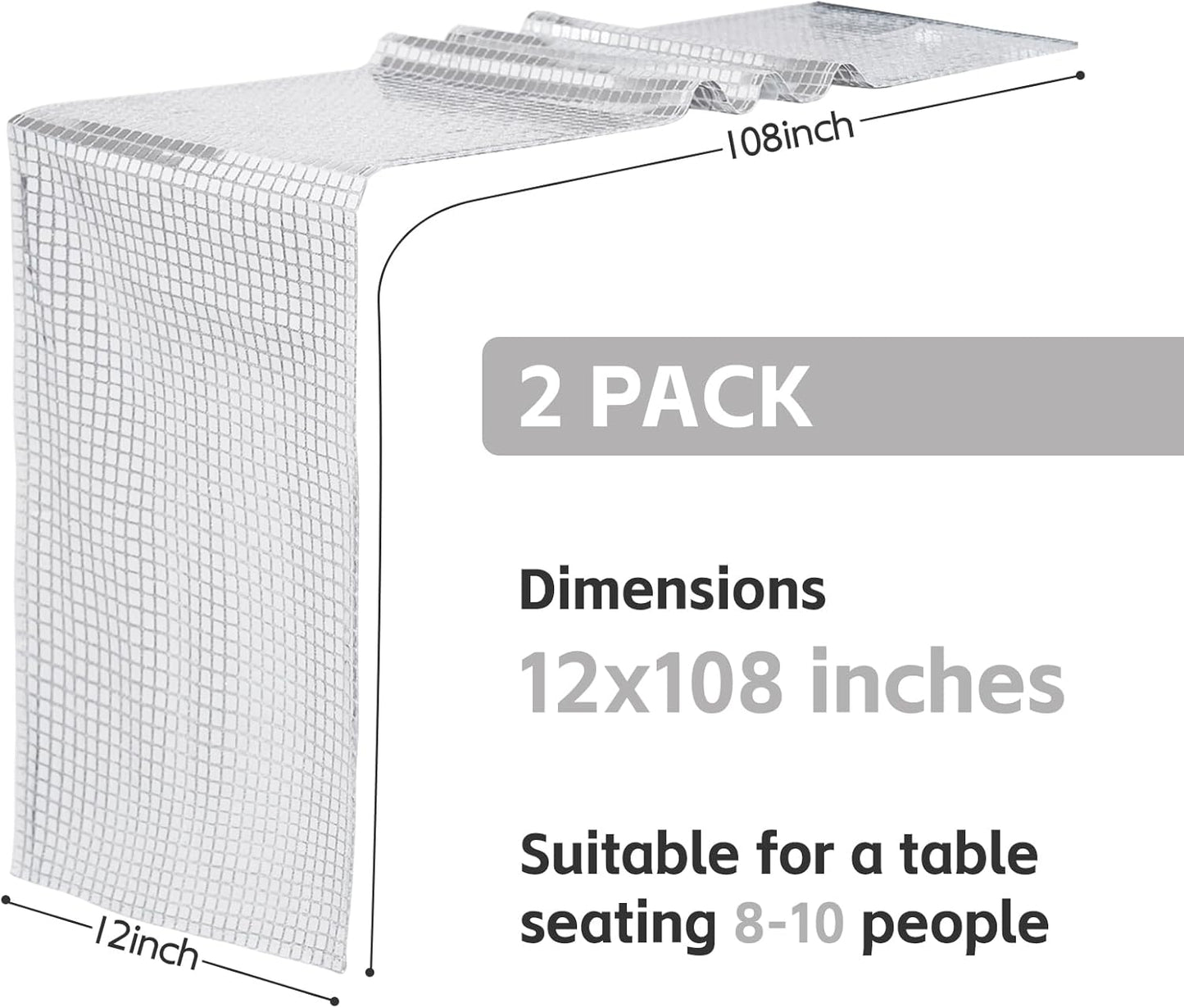 SquarePie Disco Table Runner 2 Pack - Silver Mirror Sequin Glitter Foil Runner for Disco Party Decor Retro 70s 80s Theme, Bachelorette Birthday Dance Decoration 12x108 Inch