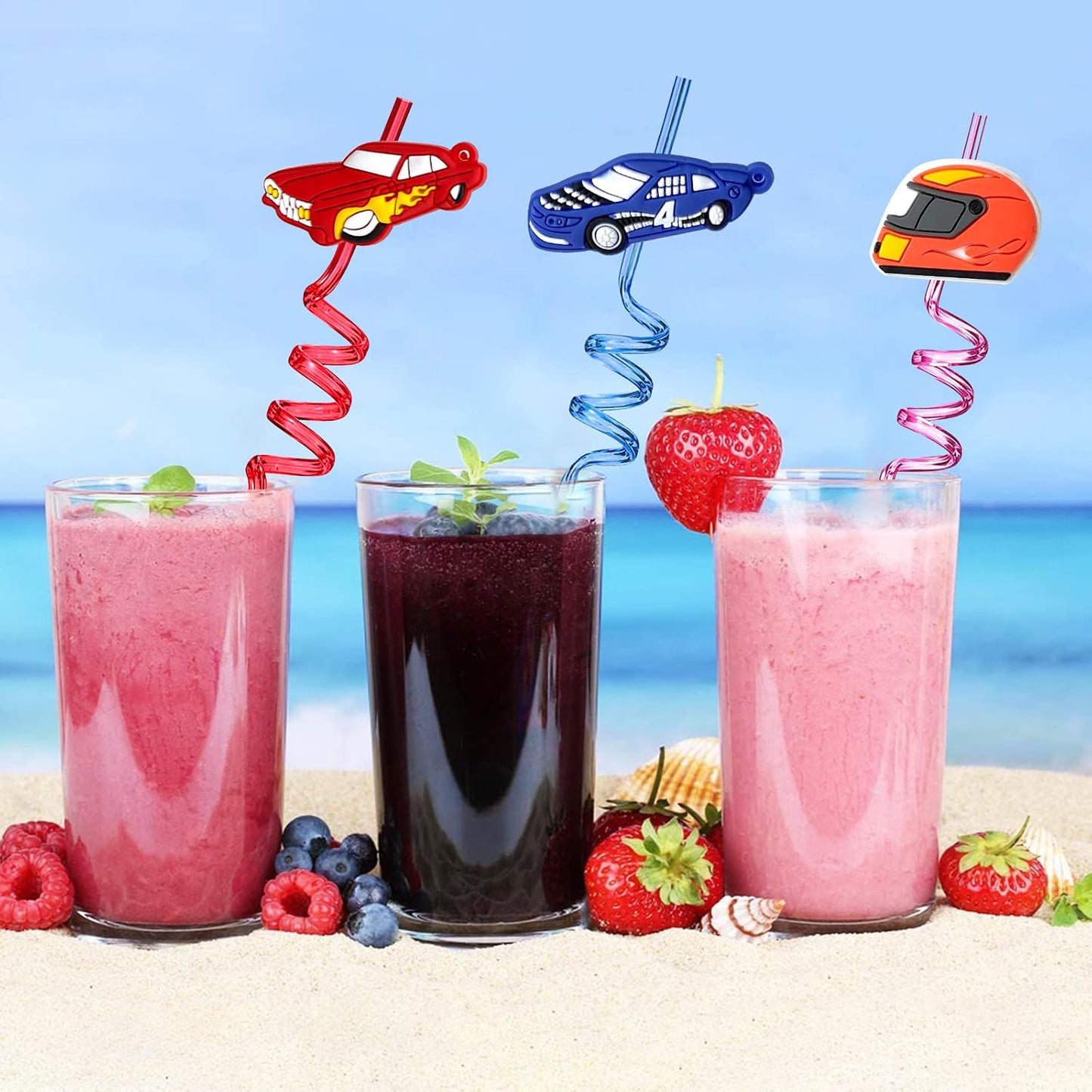 24Pcs Race Car Reusable Straws Party Decorations Birthday Party Supplies Drink Markers with 2Pcs Cleaning Brushes