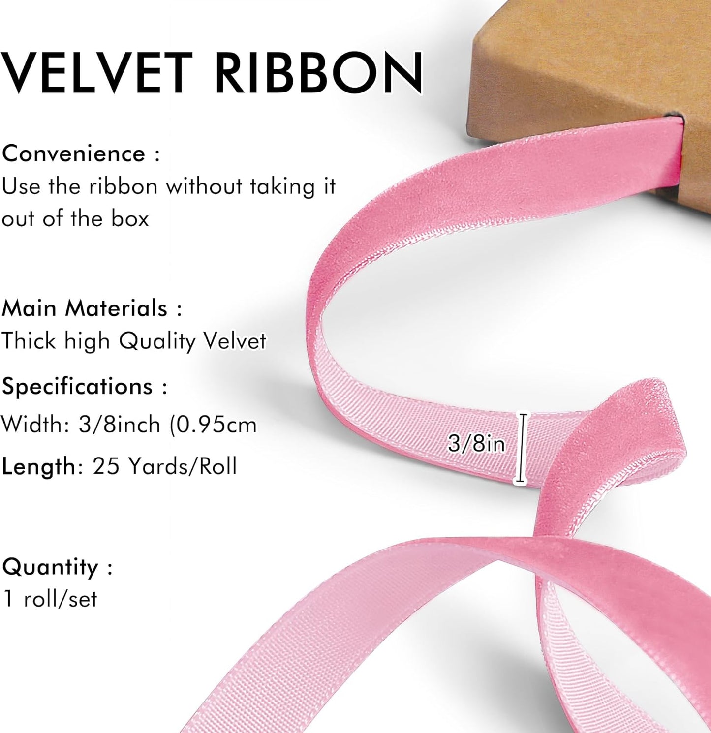 Pink Velvet Ribbon 3/8'' 25 Yards for Christmas Tree, Gift Wrapping, Flower Bouquet, Wreath Decorations, Bow Making