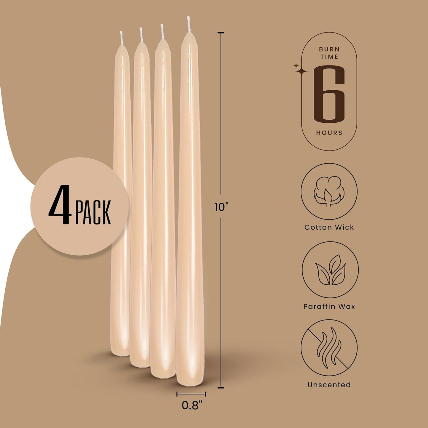 Leor & Lair Beige Taper Candles - 4 Pack 10" Beige Candlesticks - Unscented Long Burning Tapered Candles for Minimalist Decoration, Modern Weddings, Everyday Dining & Events