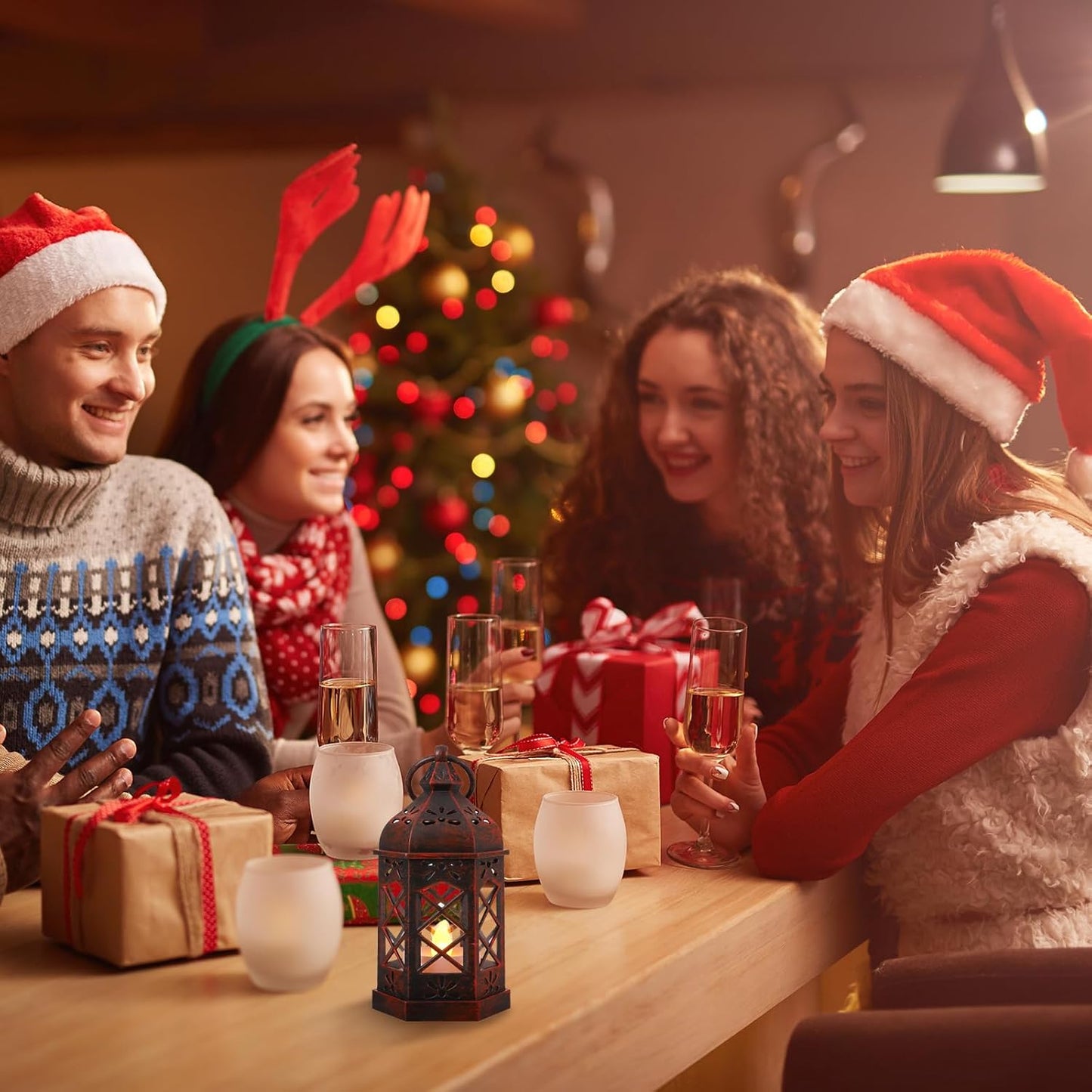 LLQ 8Pack Mini Lantern Decorative for Halloween Christmas & Wedding, Small Vintage Moroccan Lantern with Flickering LED Candle for Table Centerpieces, Enchanted Forest Medieval Decor, Hanging Ornament