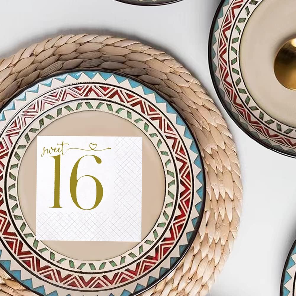 SharkBliss Sweet 16 Happy Birthday Cocktail Napkins, 100 Pack Gold Sweet 16 Happy Birthday Paper Cocktail Beverage Napkins in Bulk for His Her Sixteen 16th Birthday | 2-Ply, 5x5" (Sweet 16 Napkins)