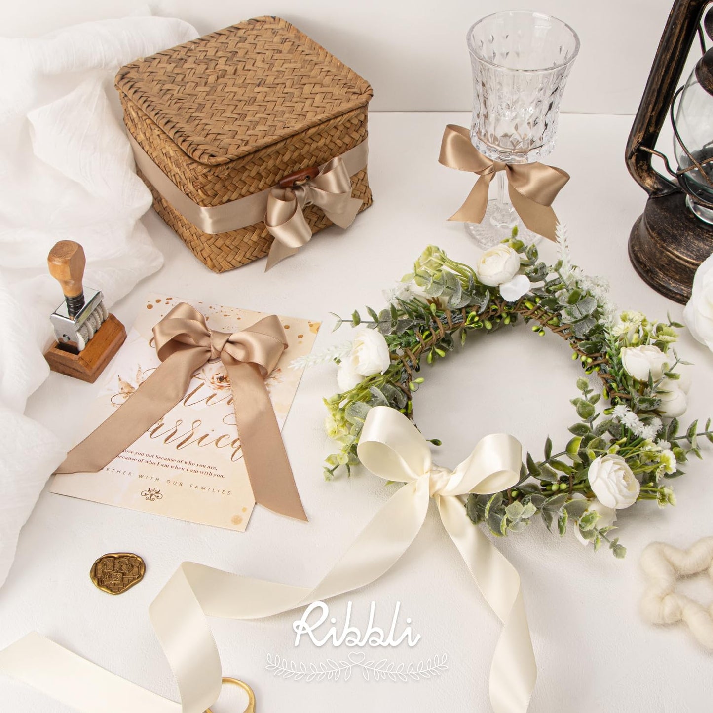 Ribbli Champagne Satin Ribbon 1 Inch x 4 Rolls Total 40 Yards-Ivory Champagne Ribbon for Gift Wrapping Craft Wedding Decoration